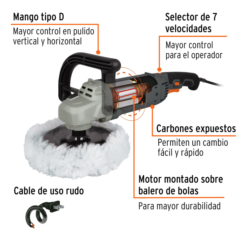 Pulidora industrial para autos, 7", 1,200 W