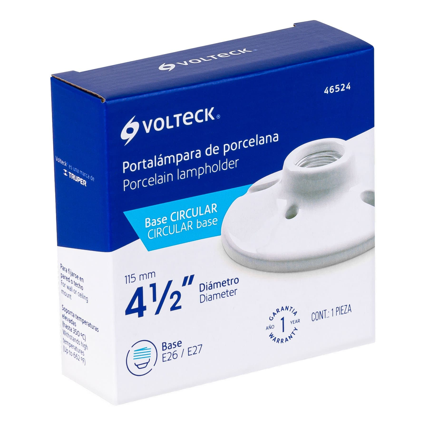 Portalámpara de porcelana, 4-1/2", circular, Volteck