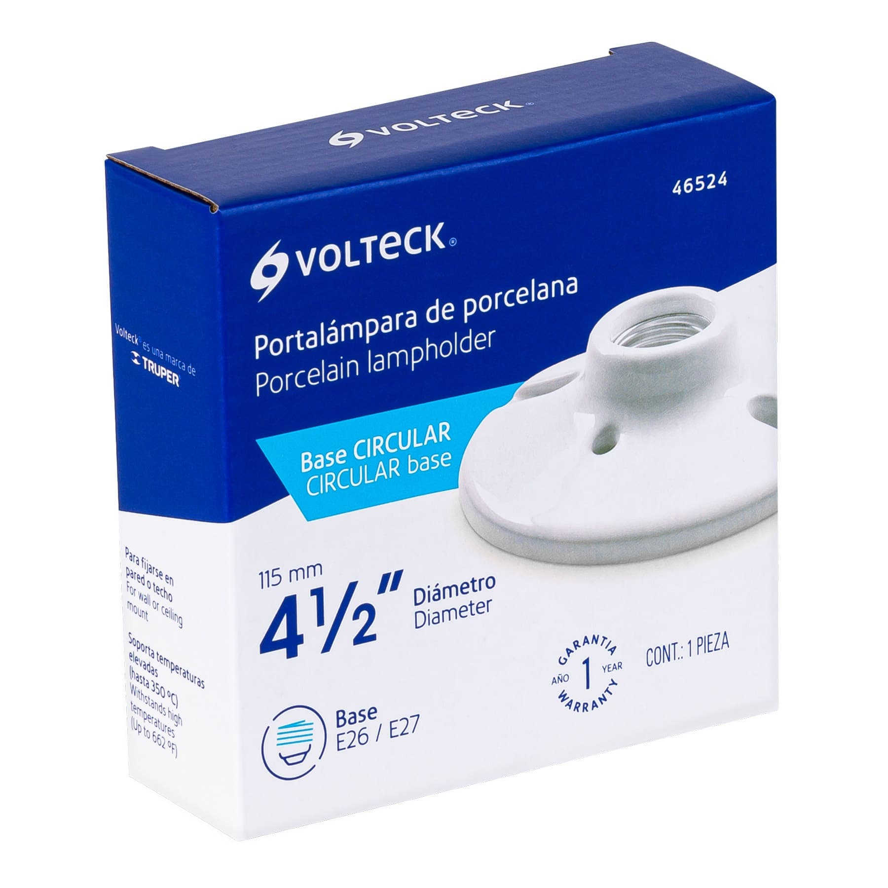 Portalámpara de porcelana, 4-1/2", circular, Volteck