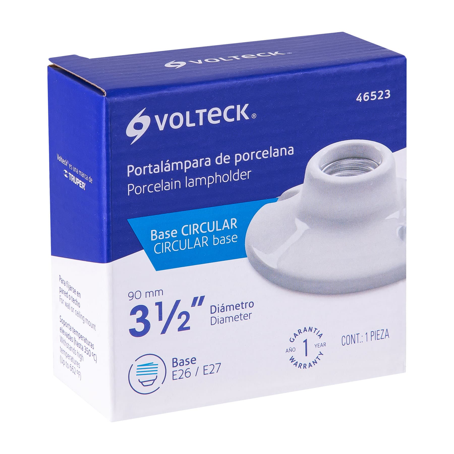 Portalámpara de porcelana, 3-1/2", circular, Volteck