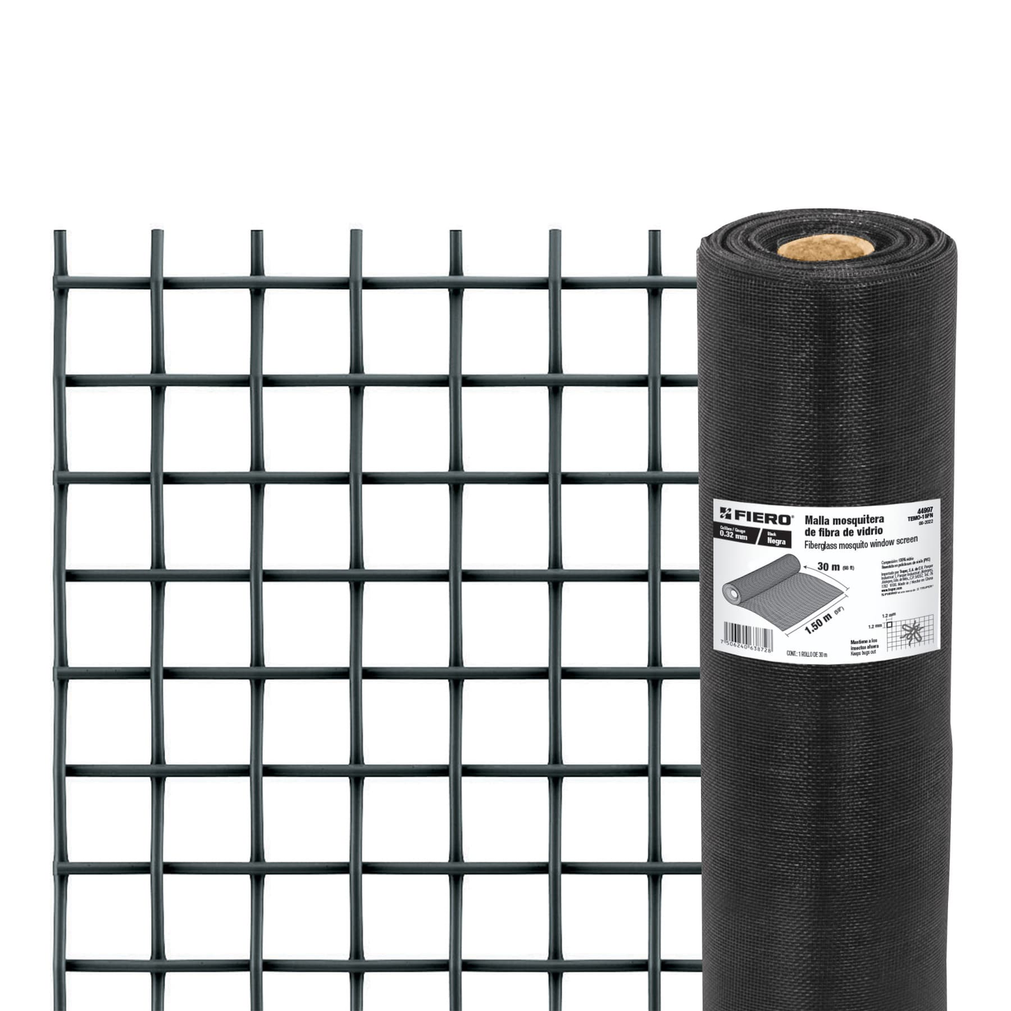 Malla mosquitera, fibra de vidrio, negra, 1.50 x 30 m