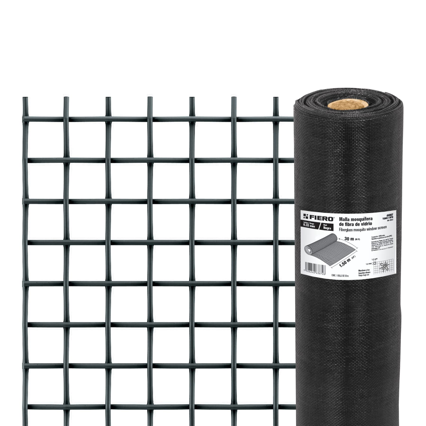 Malla mosquitera, fibra de vidrio, negra, 1.50 x 30 m