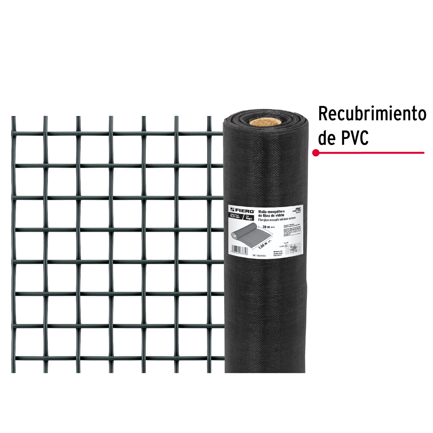 Malla mosquitera, fibra de vidrio, negra, 1.50 x 30 m