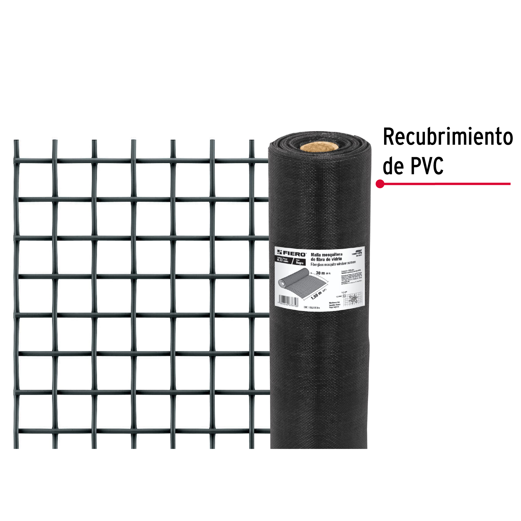 Malla mosquitera, fibra de vidrio, negra, 1.50 x 30 m
