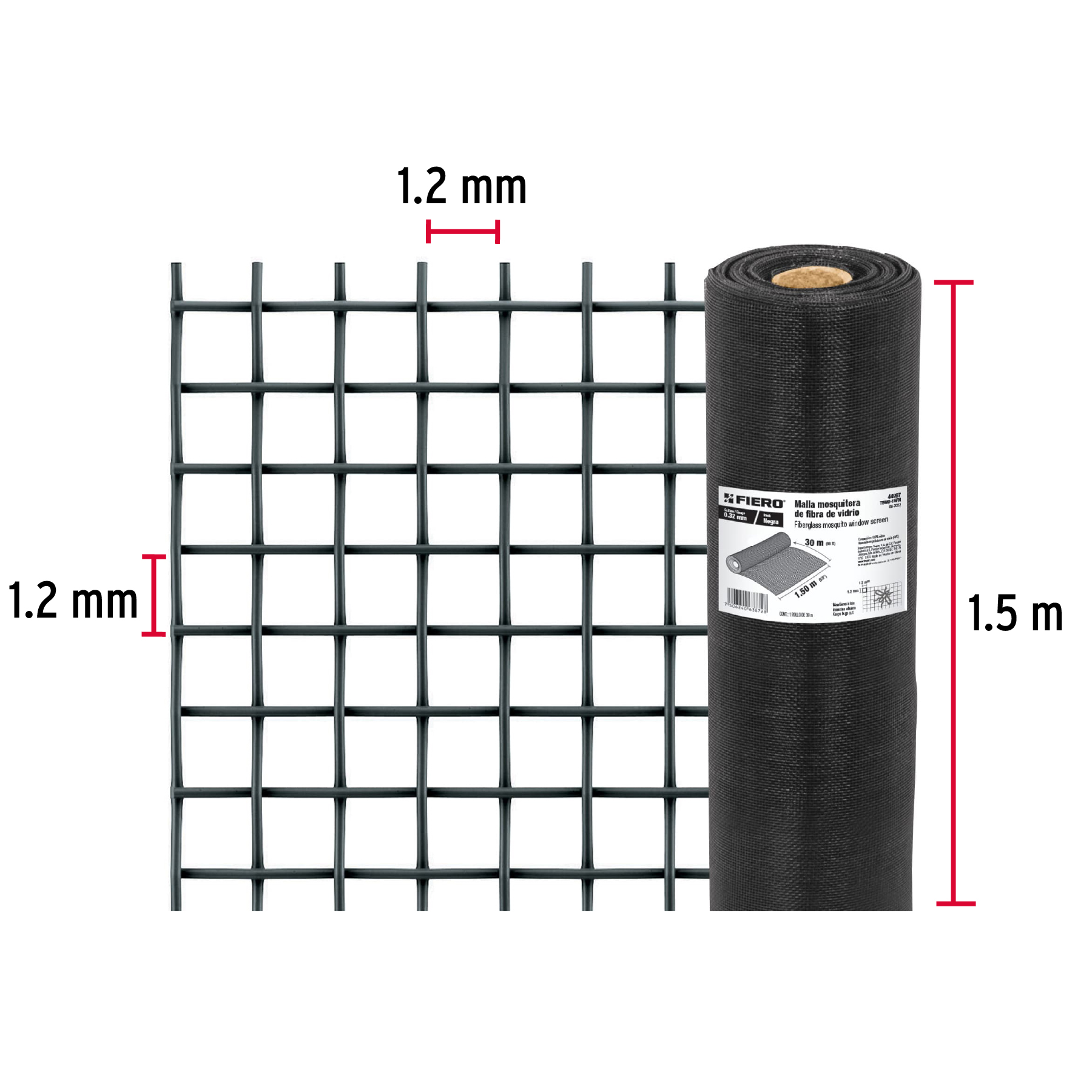 Malla mosquitera, fibra de vidrio, negra, 1.50 x 30 m