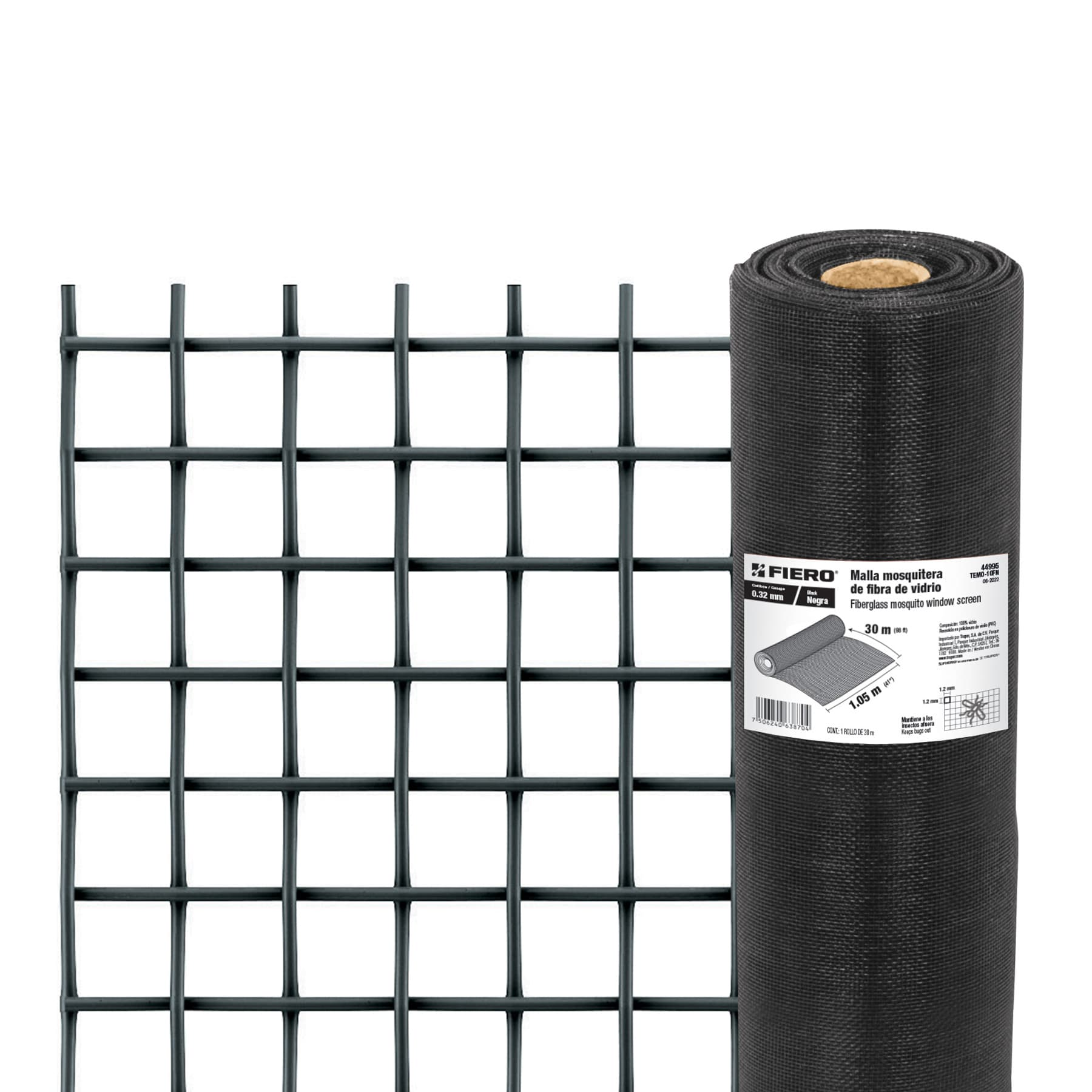 Malla mosquitera, fibra de vidrio, negra, 1.05 x 30 m
