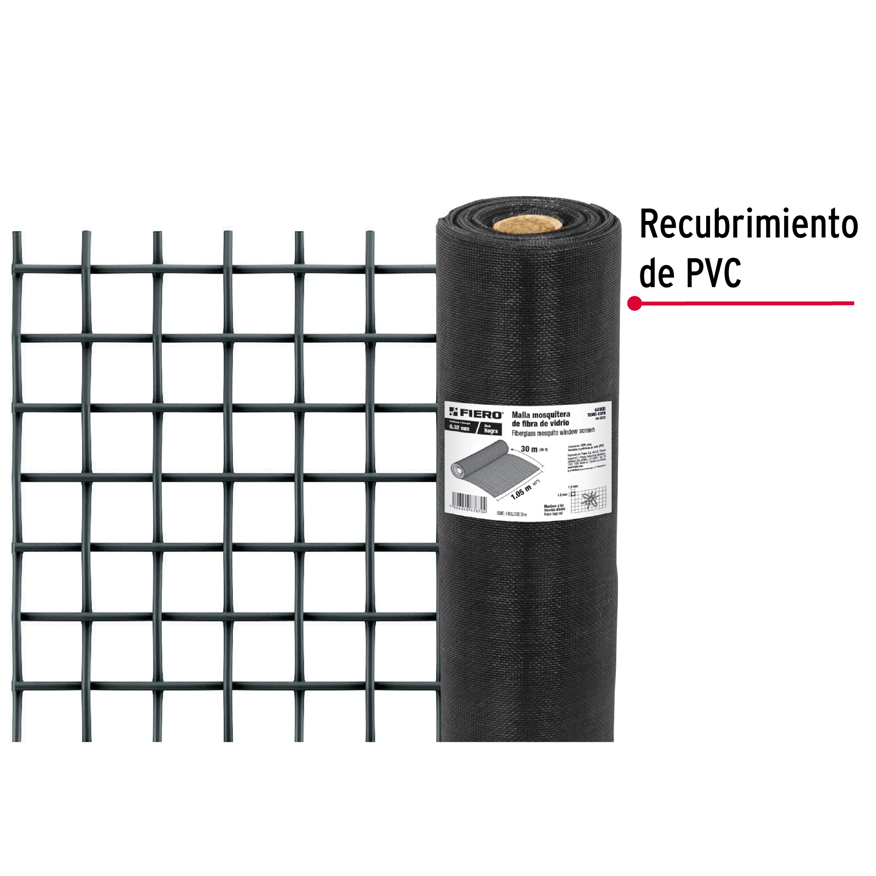 Malla mosquitera, fibra de vidrio, negra, 1.05 x 30 m