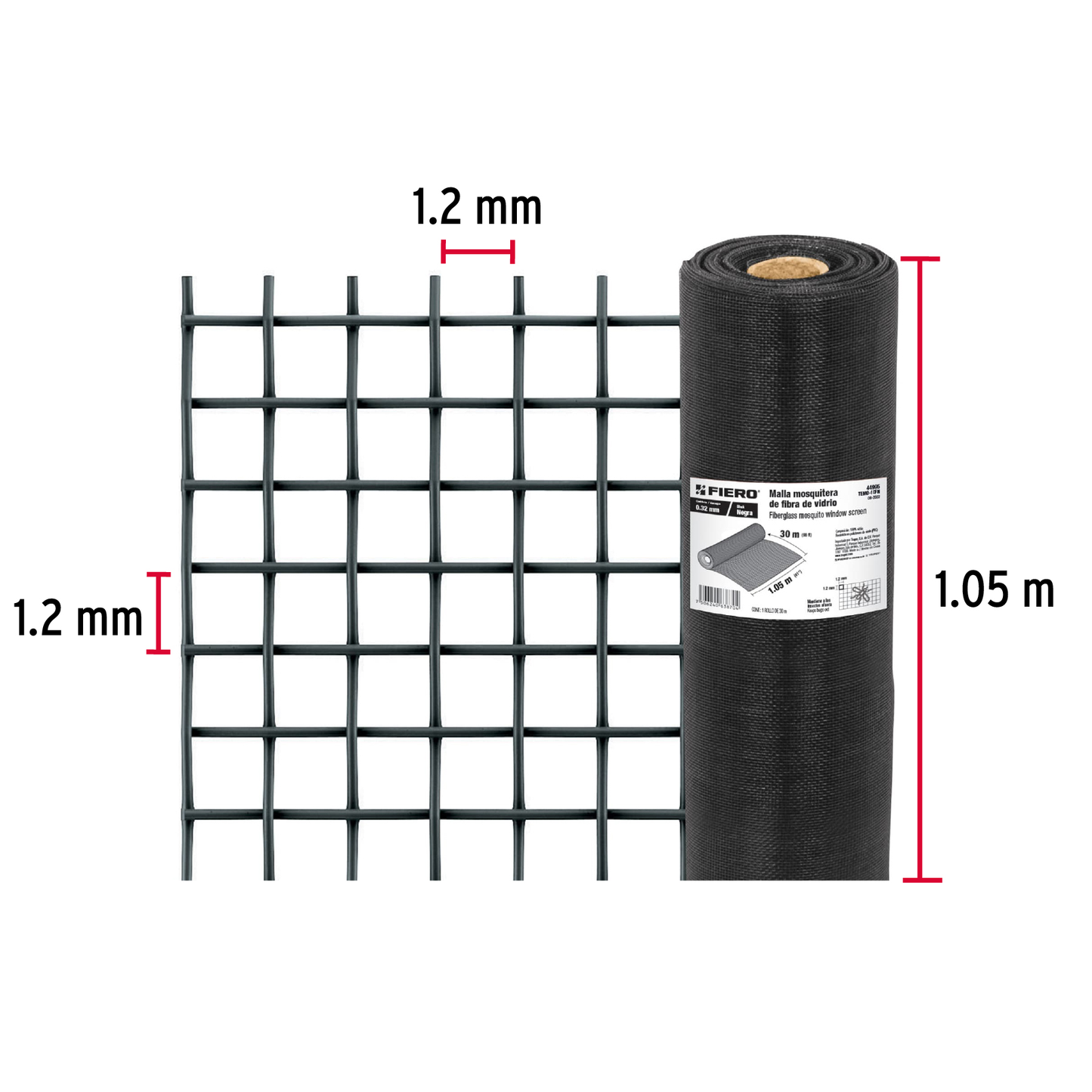 Malla mosquitera, fibra de vidrio, negra, 1.05 x 30 m