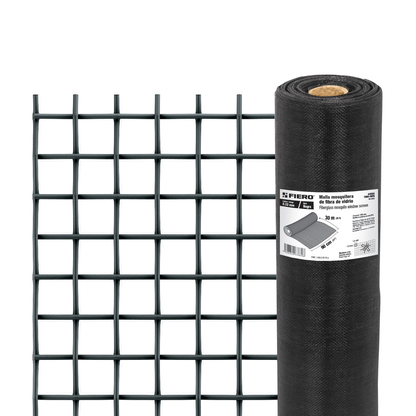Malla mosquitera, fibra de vidrio, negra, 0.90 x 30 m