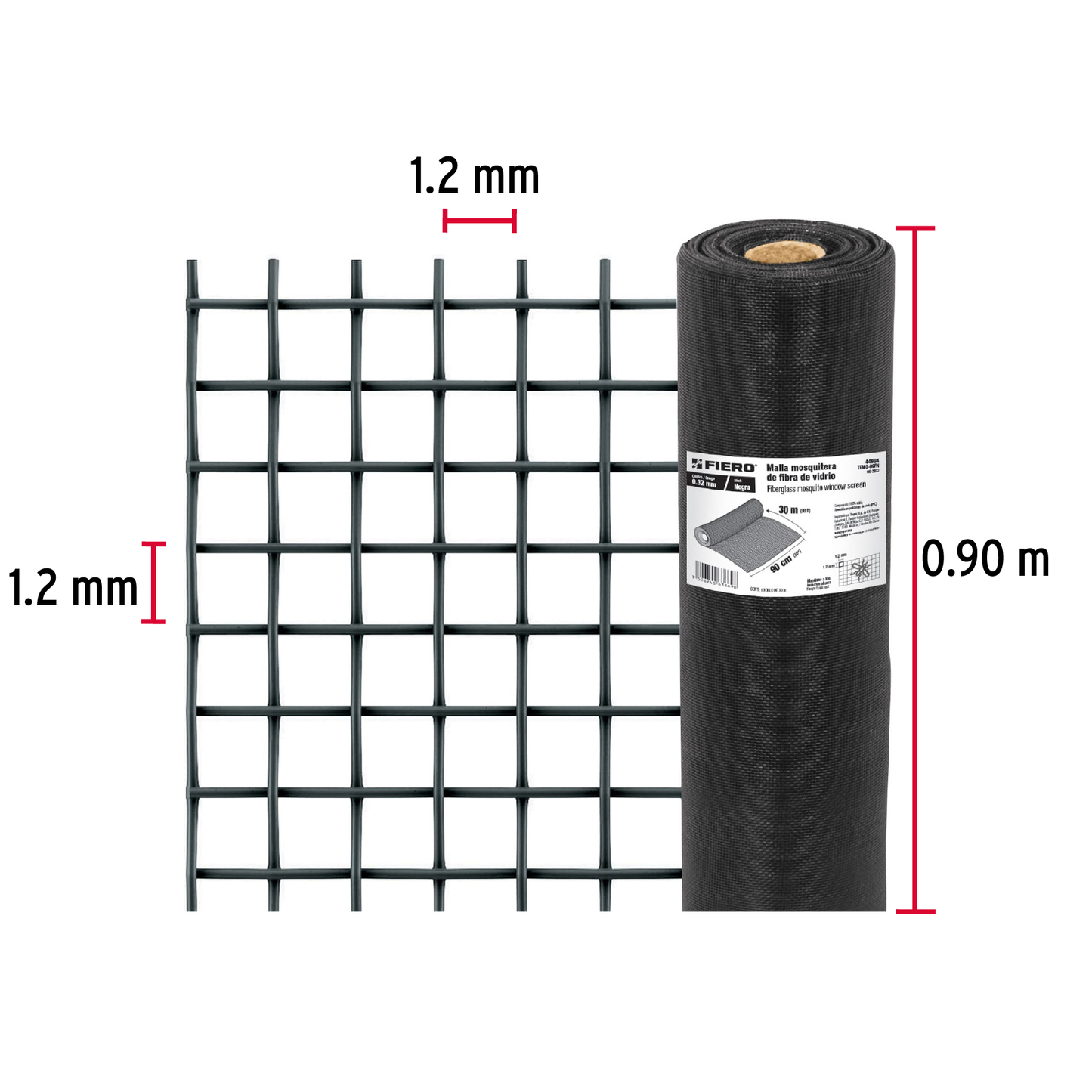 Malla mosquitera, fibra de vidrio, negra, 0.90 x 30 m