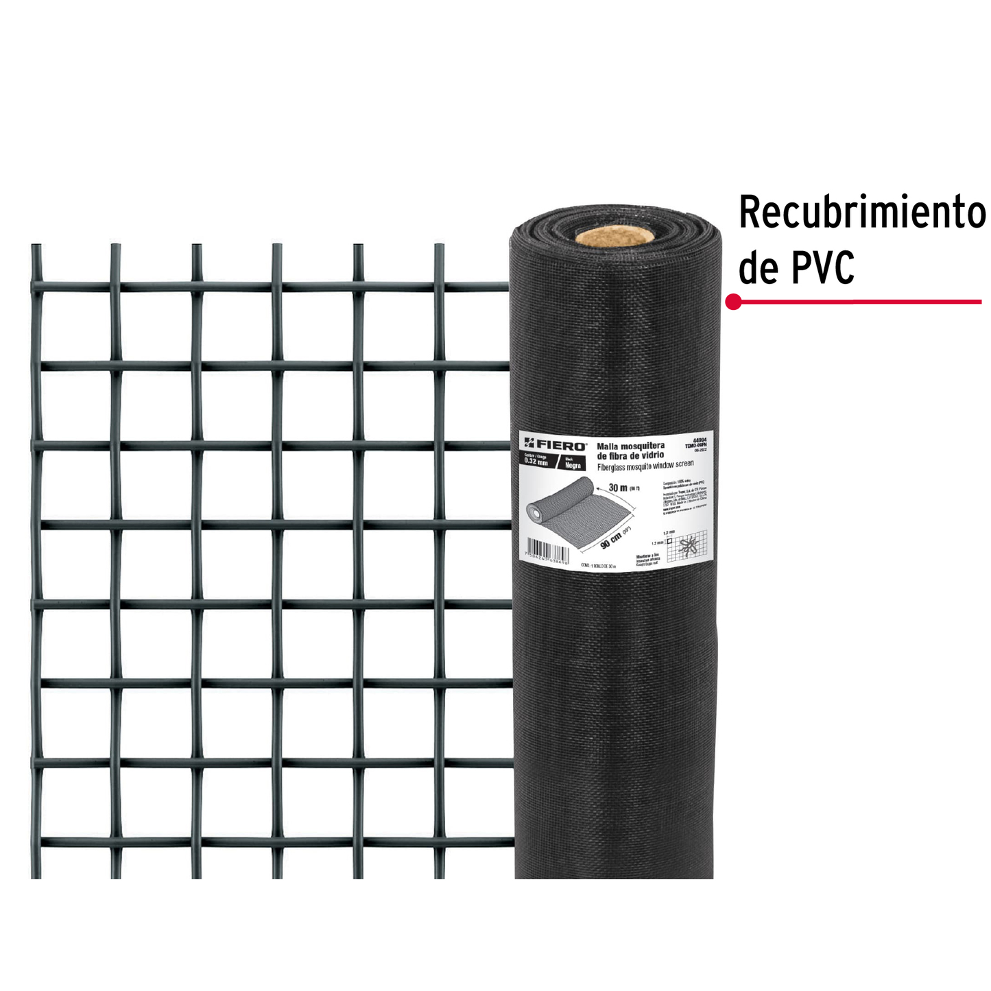 Malla mosquitera, fibra de vidrio, negra, 0.90 x 30 m