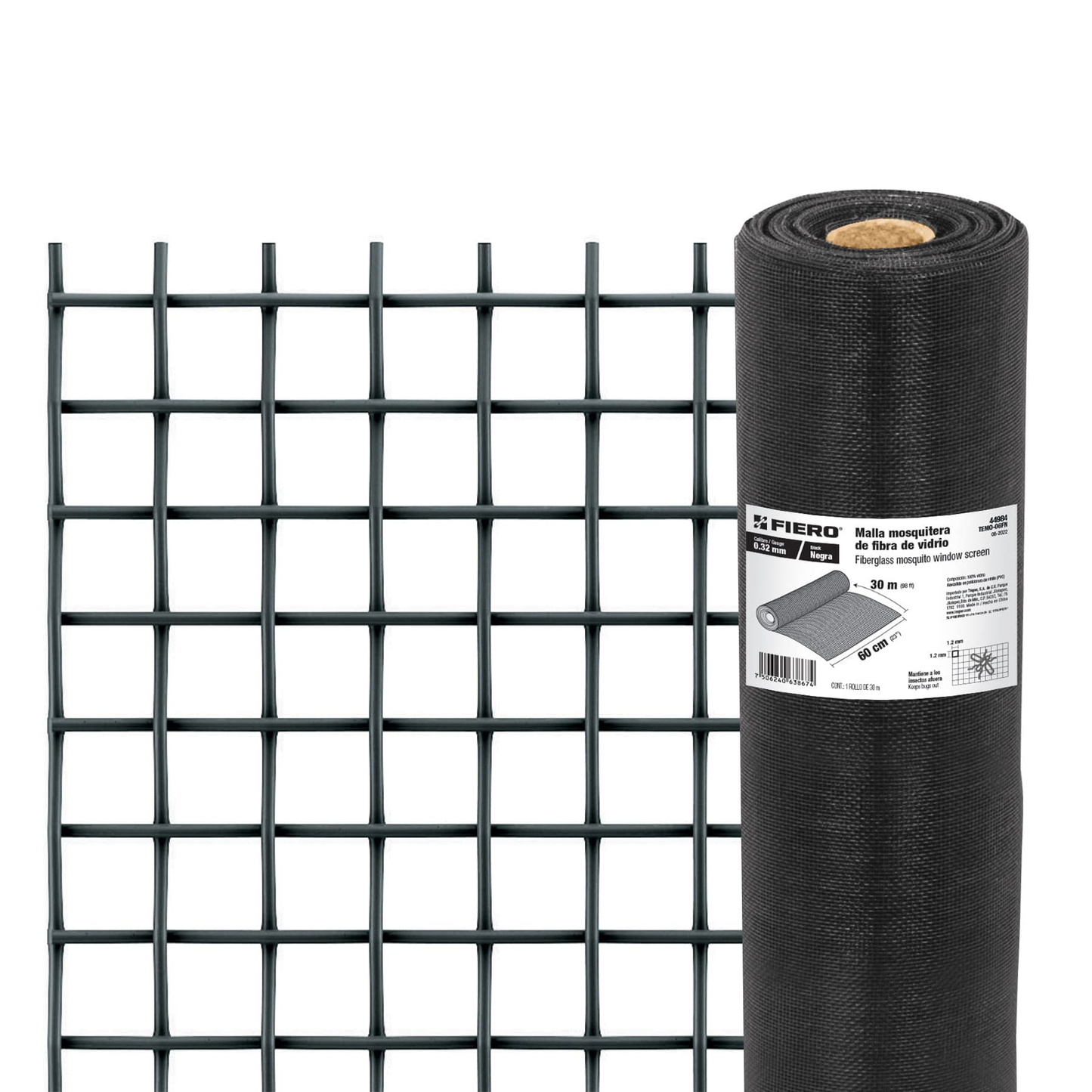 Malla mosquitera, fibra de vidrio, negra, 0.60 x 30 m