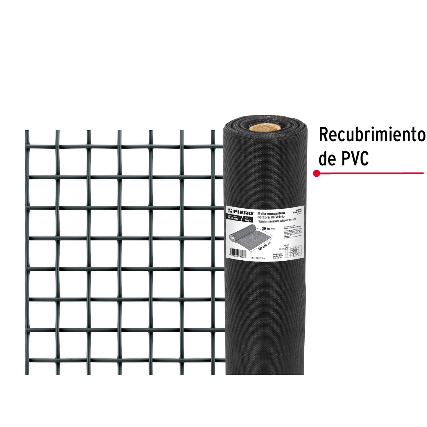 Malla mosquitera, fibra de vidrio, negra, 0.60 x 30 m