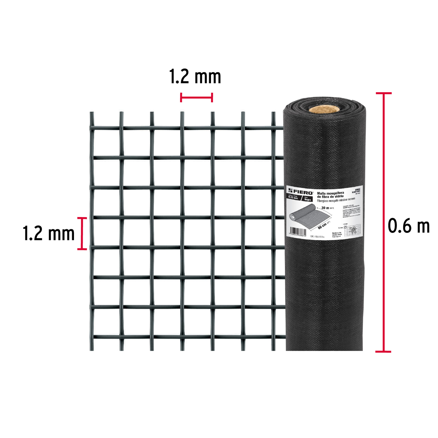 Malla mosquitera, fibra de vidrio, negra, 0.60 x 30 m