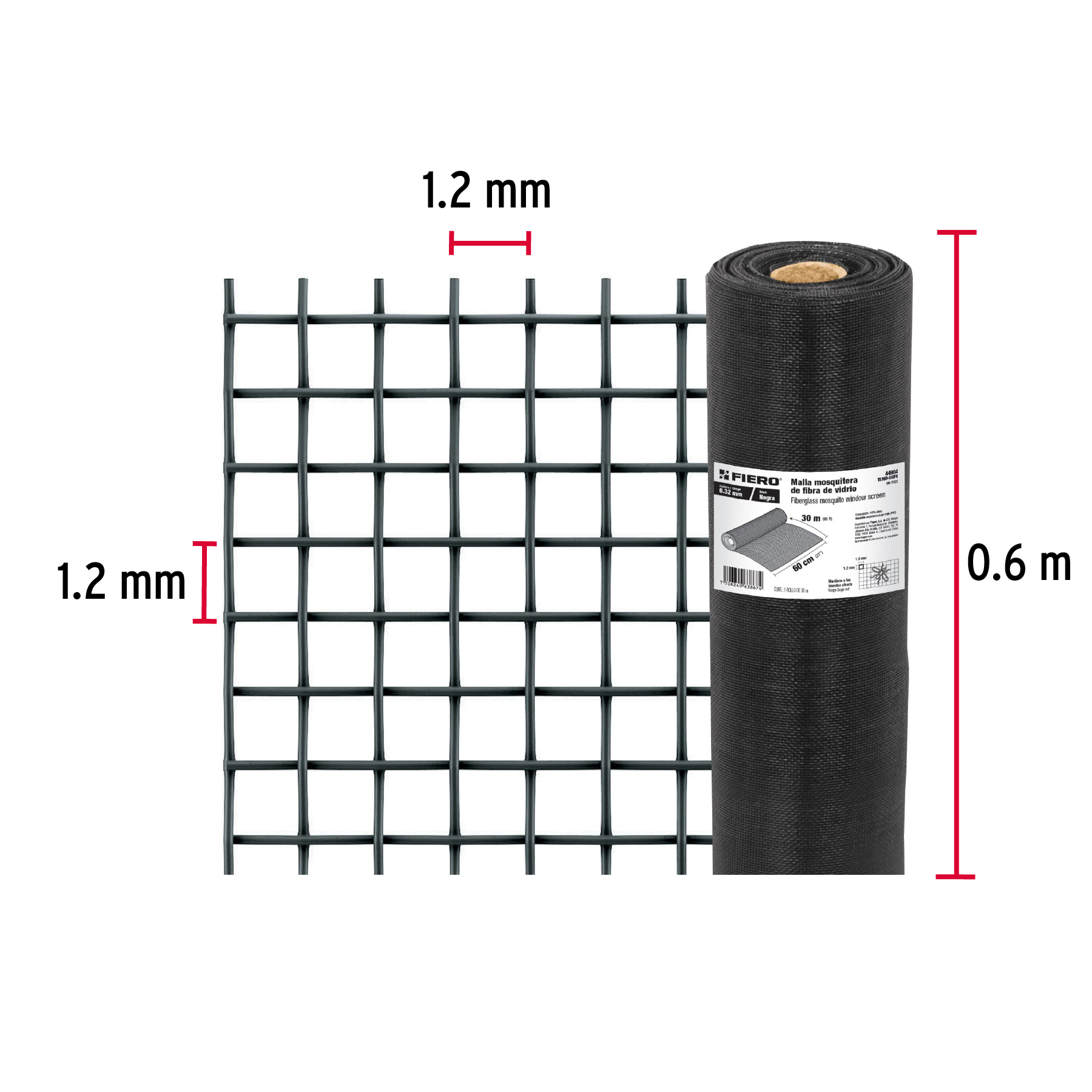 Malla mosquitera, fibra de vidrio, negra, 0.60 x 30 m