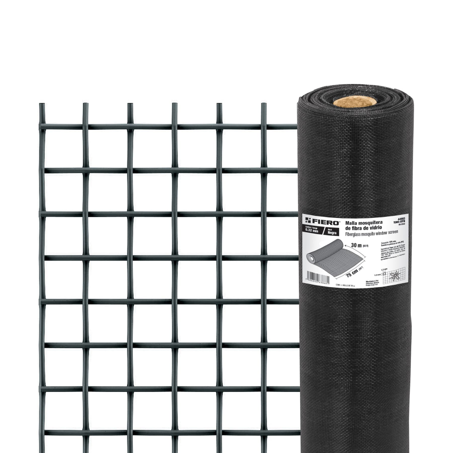 Malla mosquitera, fibra de vidrio, negra, 0.75 x 30 m