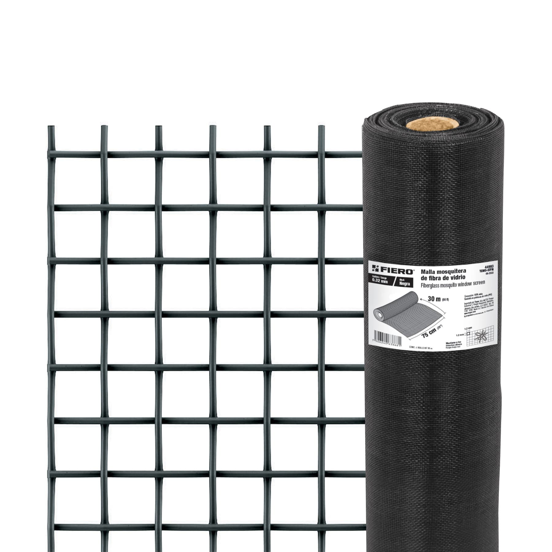 Malla mosquitera, fibra de vidrio, negra, 0.75 x 30 m