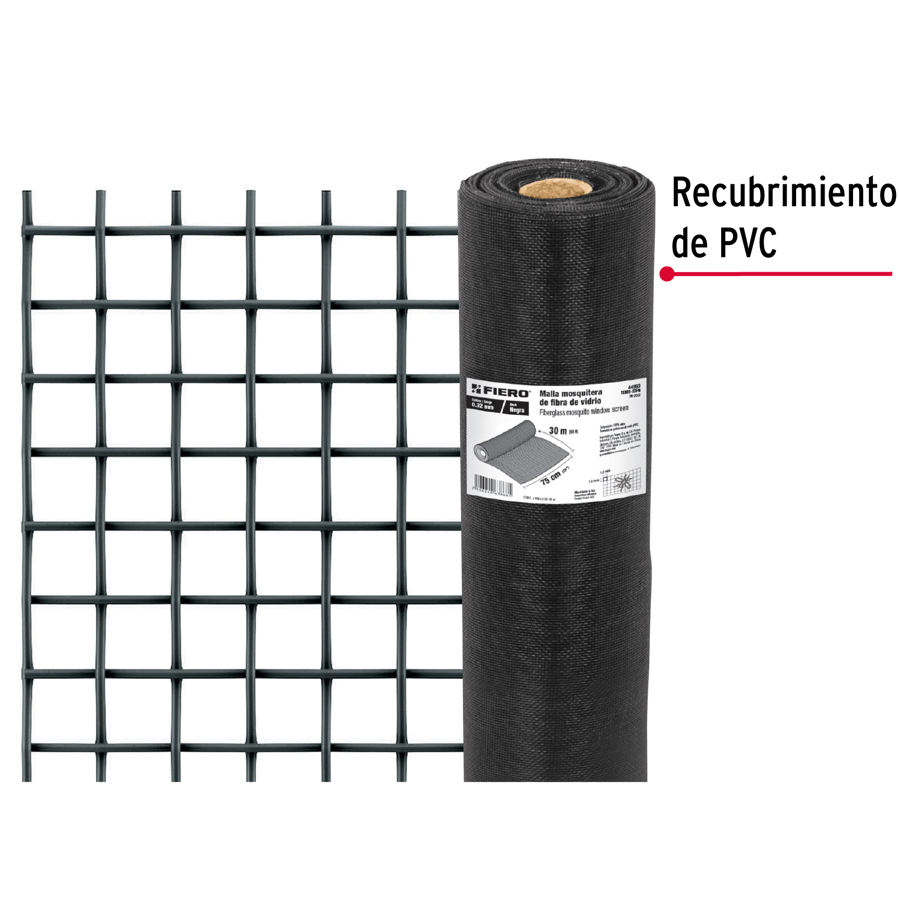 Malla mosquitera, fibra de vidrio, negra, 0.75 x 30 m