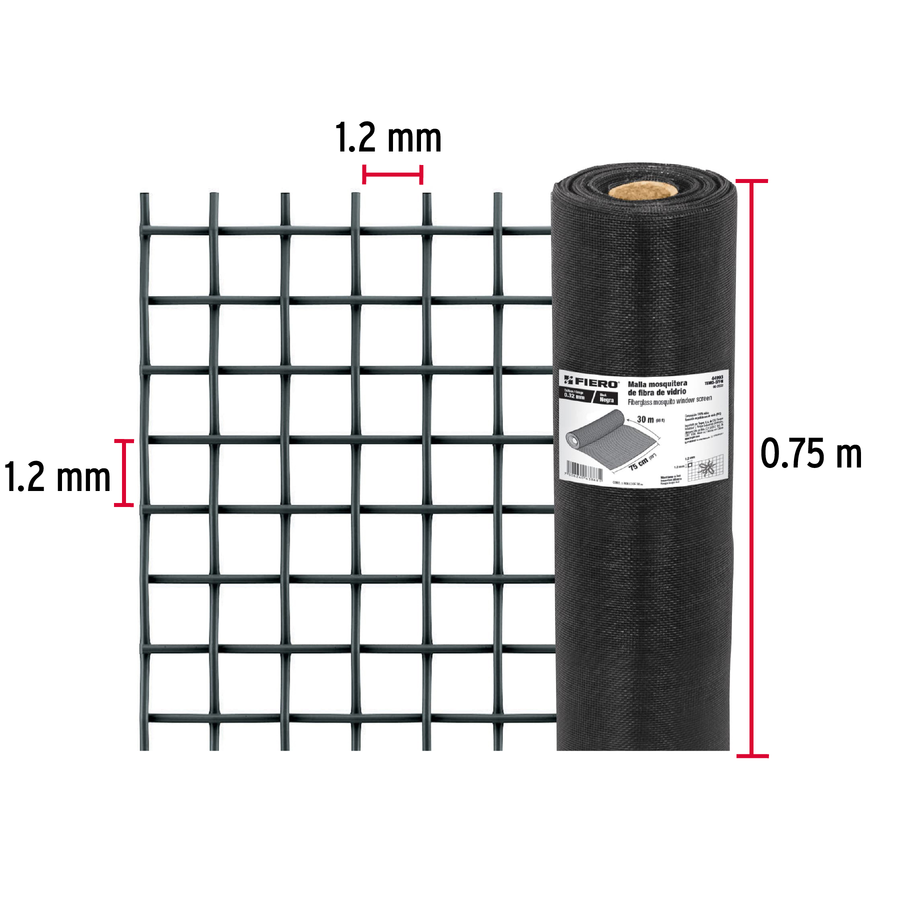Malla mosquitera, fibra de vidrio, negra, 0.75 x 30 m