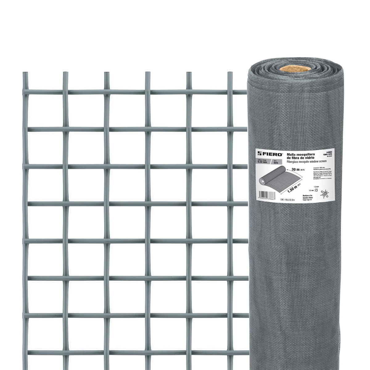 Malla mosquitera, fibra de vidrio, gris, 1.50 x 30 m