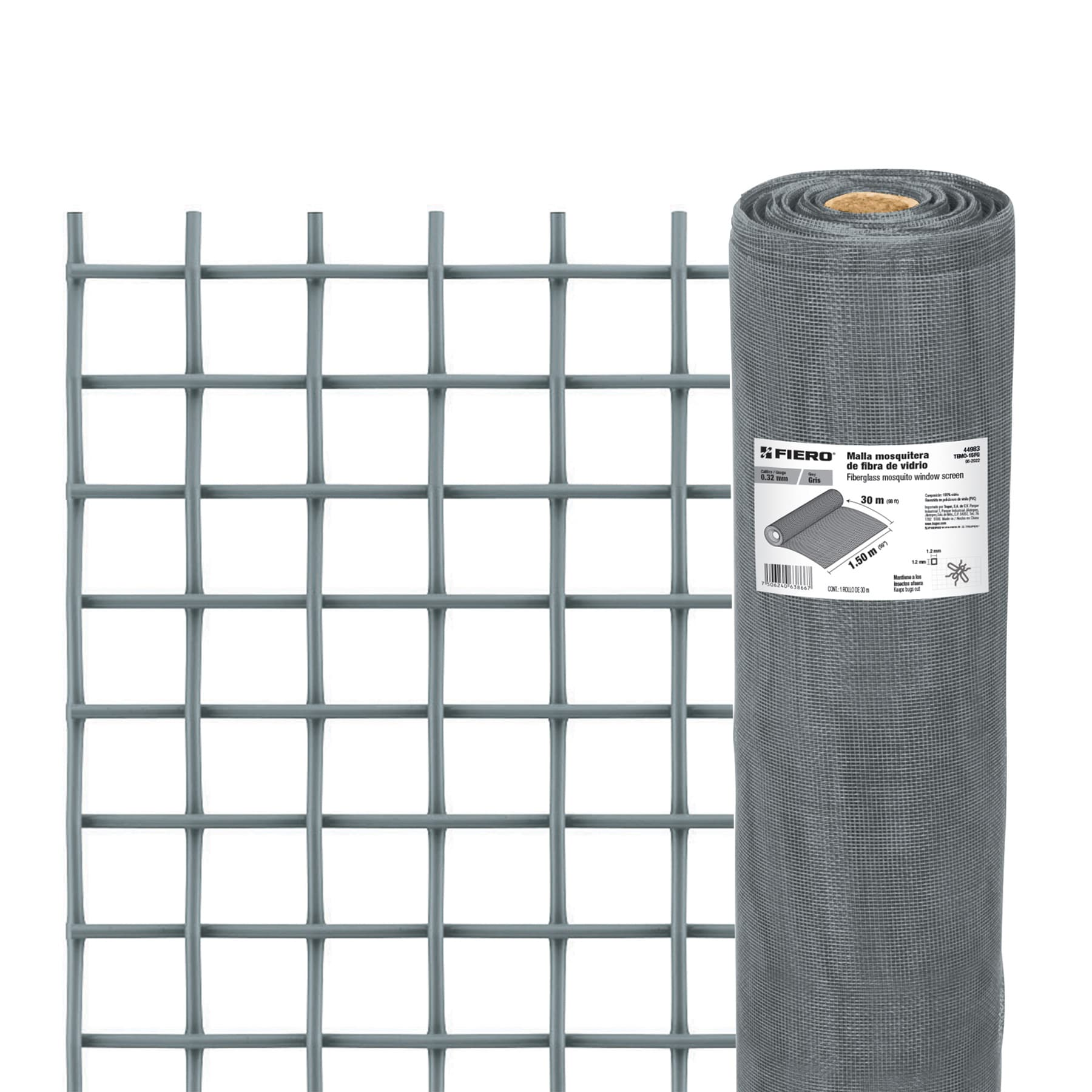 Malla mosquitera, fibra de vidrio, gris, 1.50 x 30 m