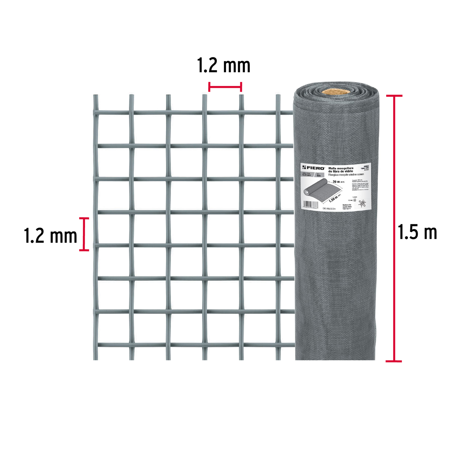 Malla mosquitera, fibra de vidrio, gris, 1.50 x 30 m