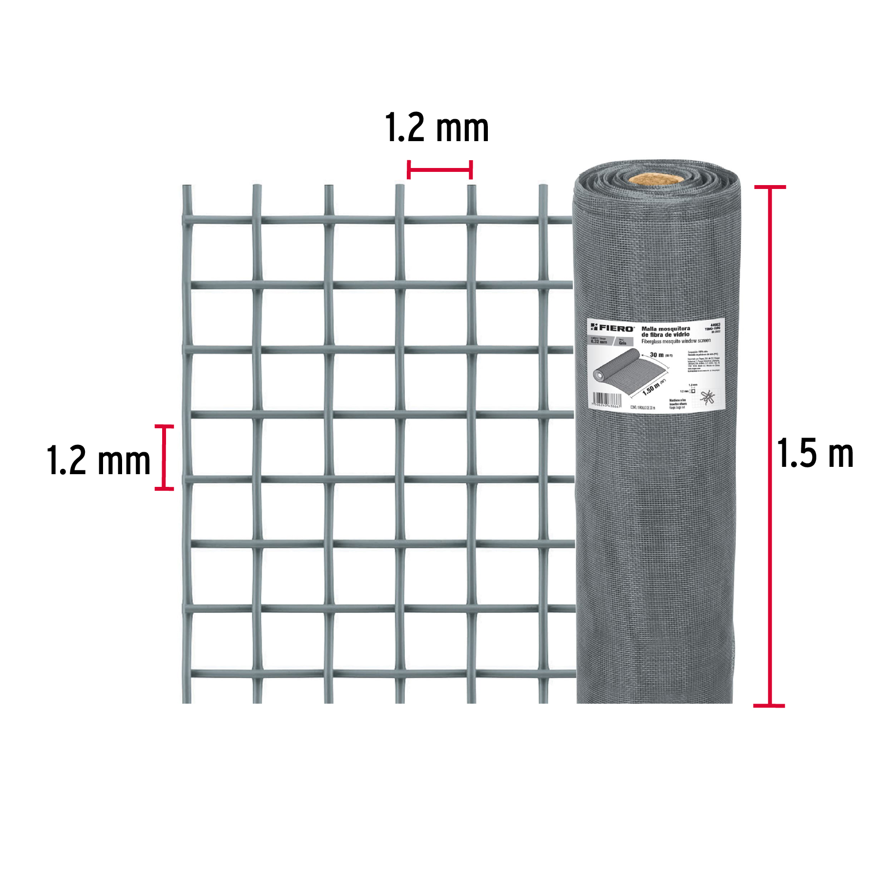 Malla mosquitera, fibra de vidrio, gris, 1.50 x 30 m