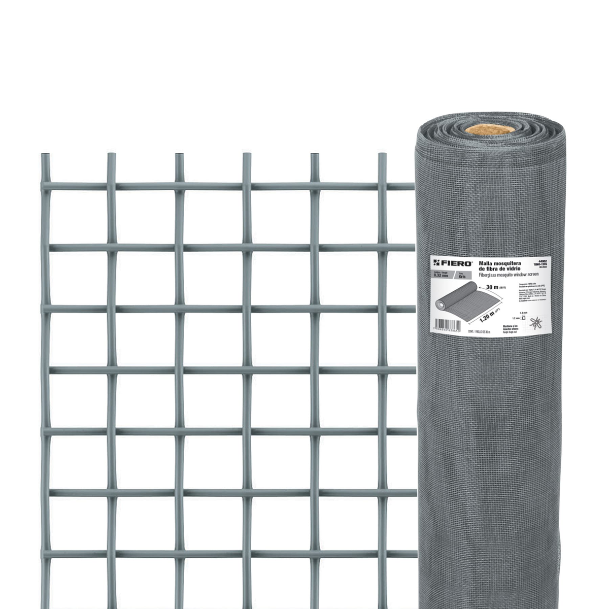 Malla mosquitera, fibra de vidrio, gris, 1.20 x 30 m