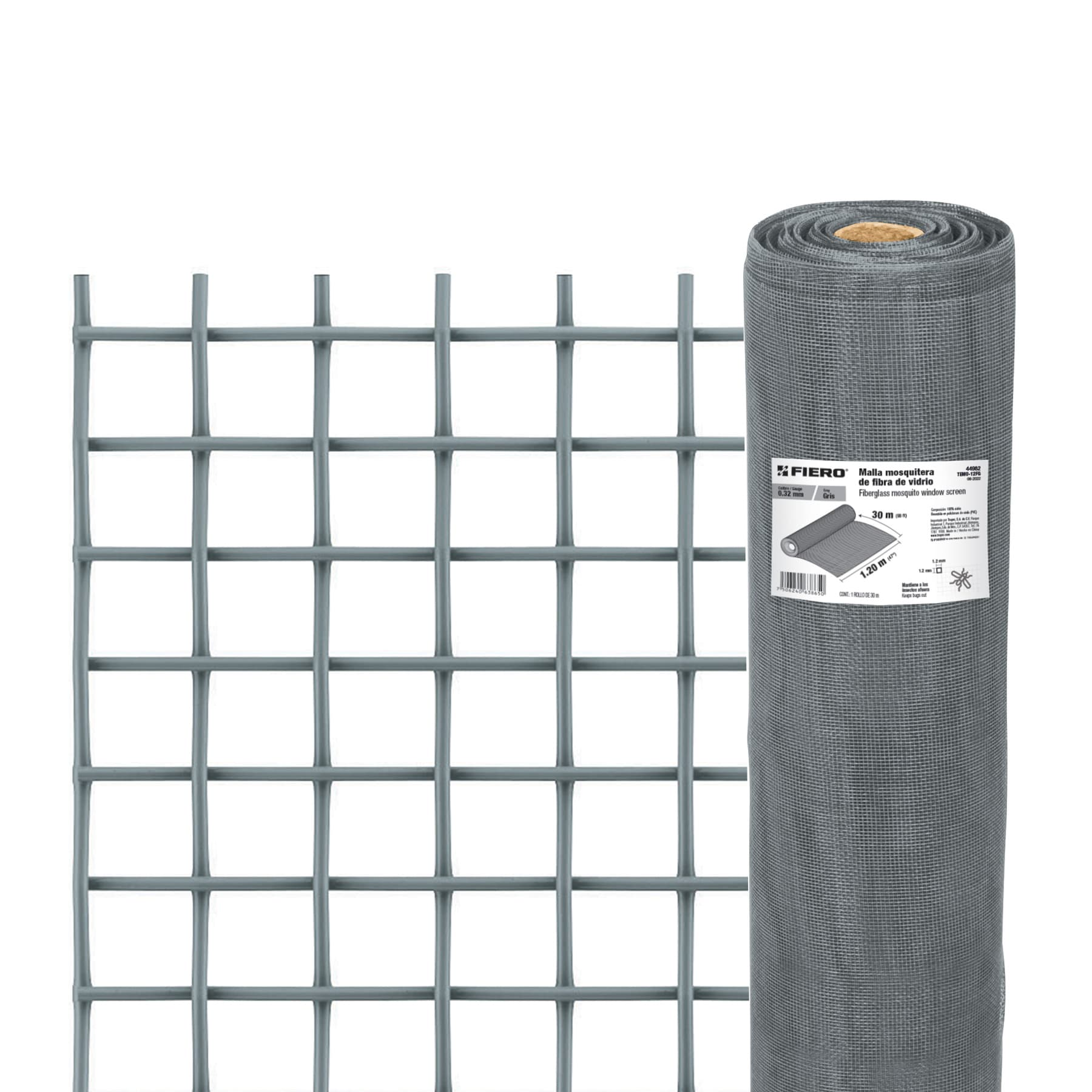 Malla mosquitera, fibra de vidrio, gris, 1.20 x 30 m