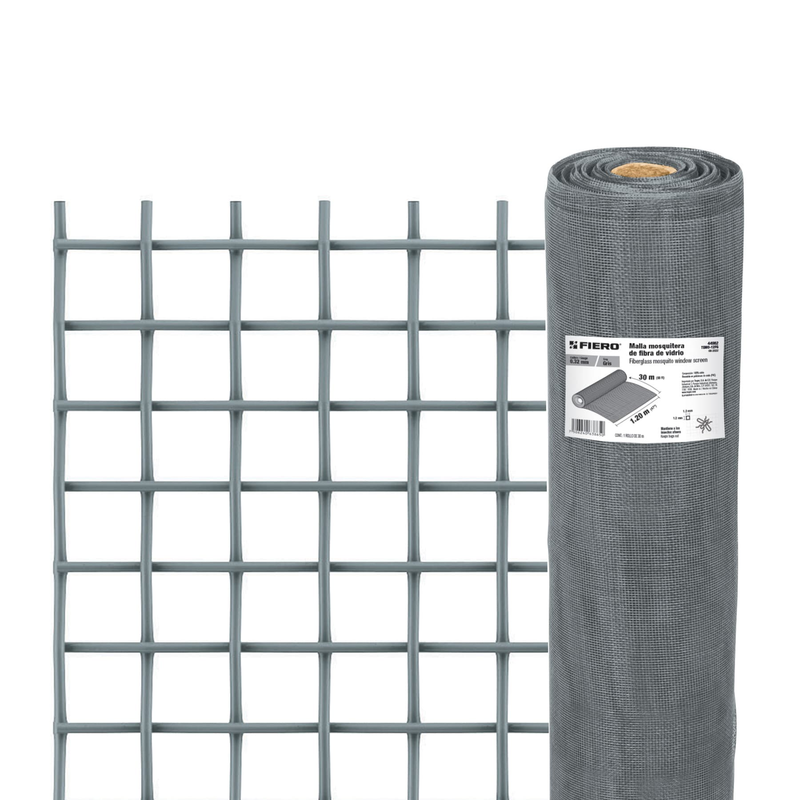 Malla mosquitera, fibra de vidrio, gris, 1.20 x 30 m