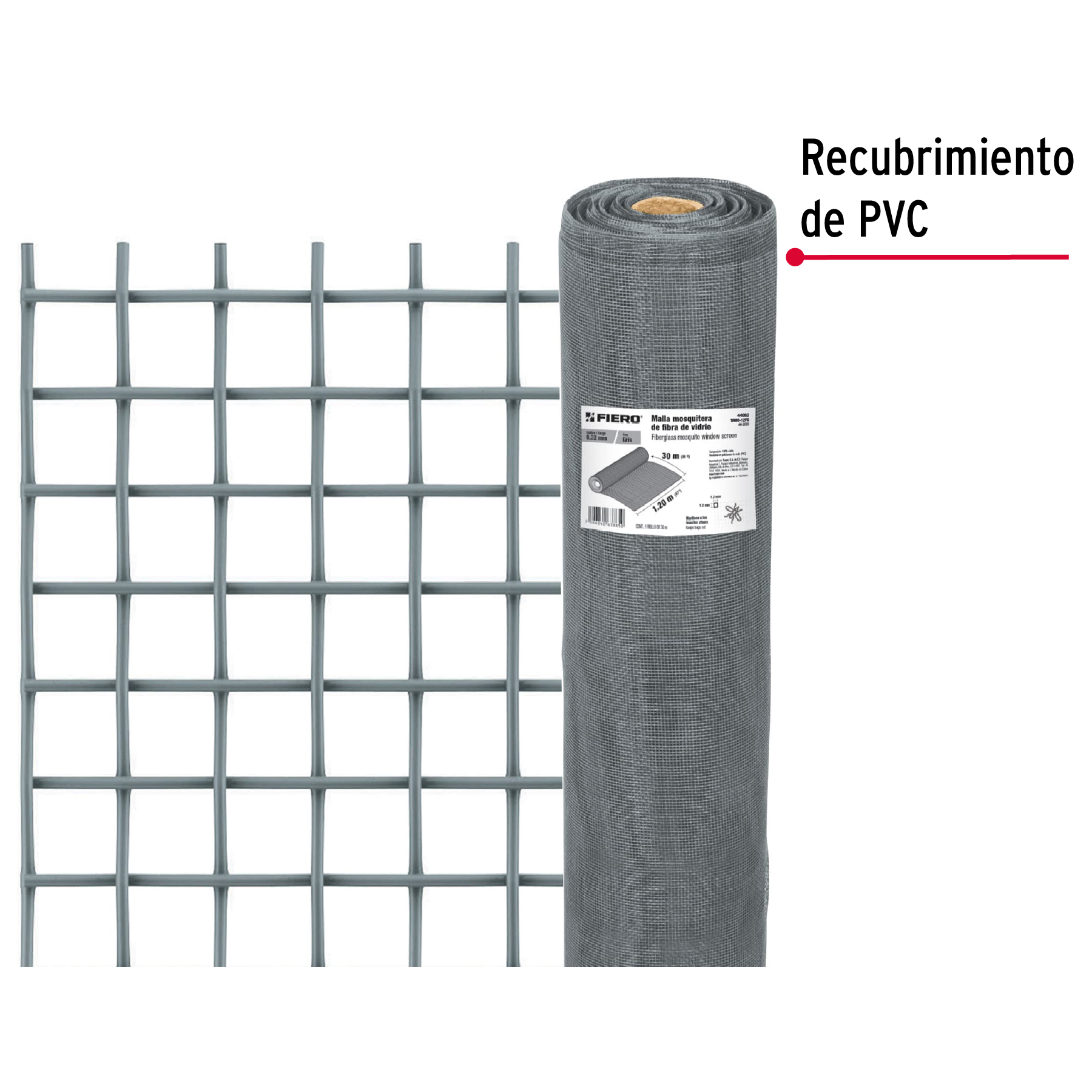 Malla mosquitera, fibra de vidrio, gris, 1.20 x 30 m