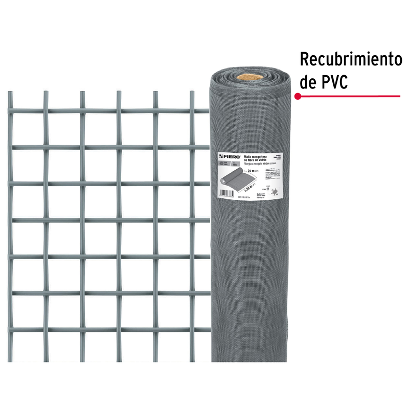 Malla mosquitera, fibra de vidrio, gris, 1.20 x 30 m