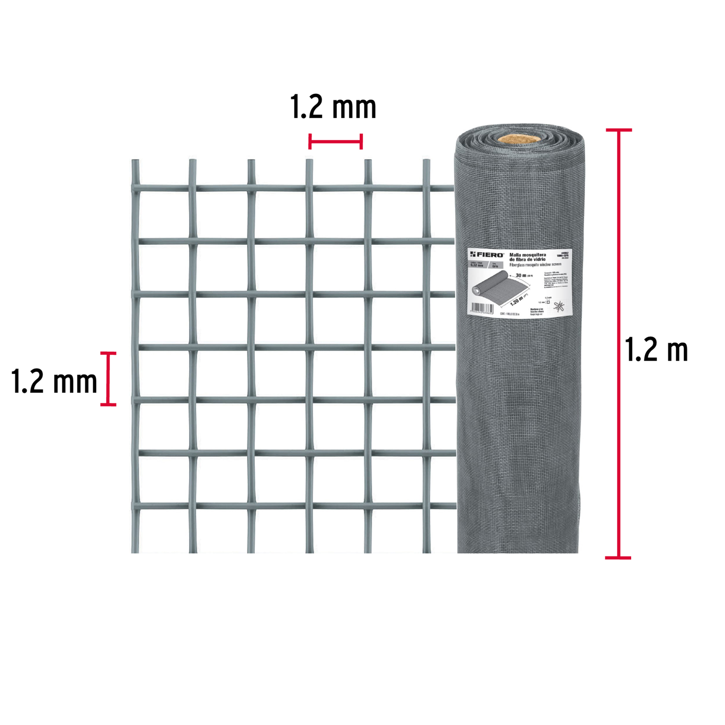 Malla mosquitera, fibra de vidrio, gris, 1.20 x 30 m