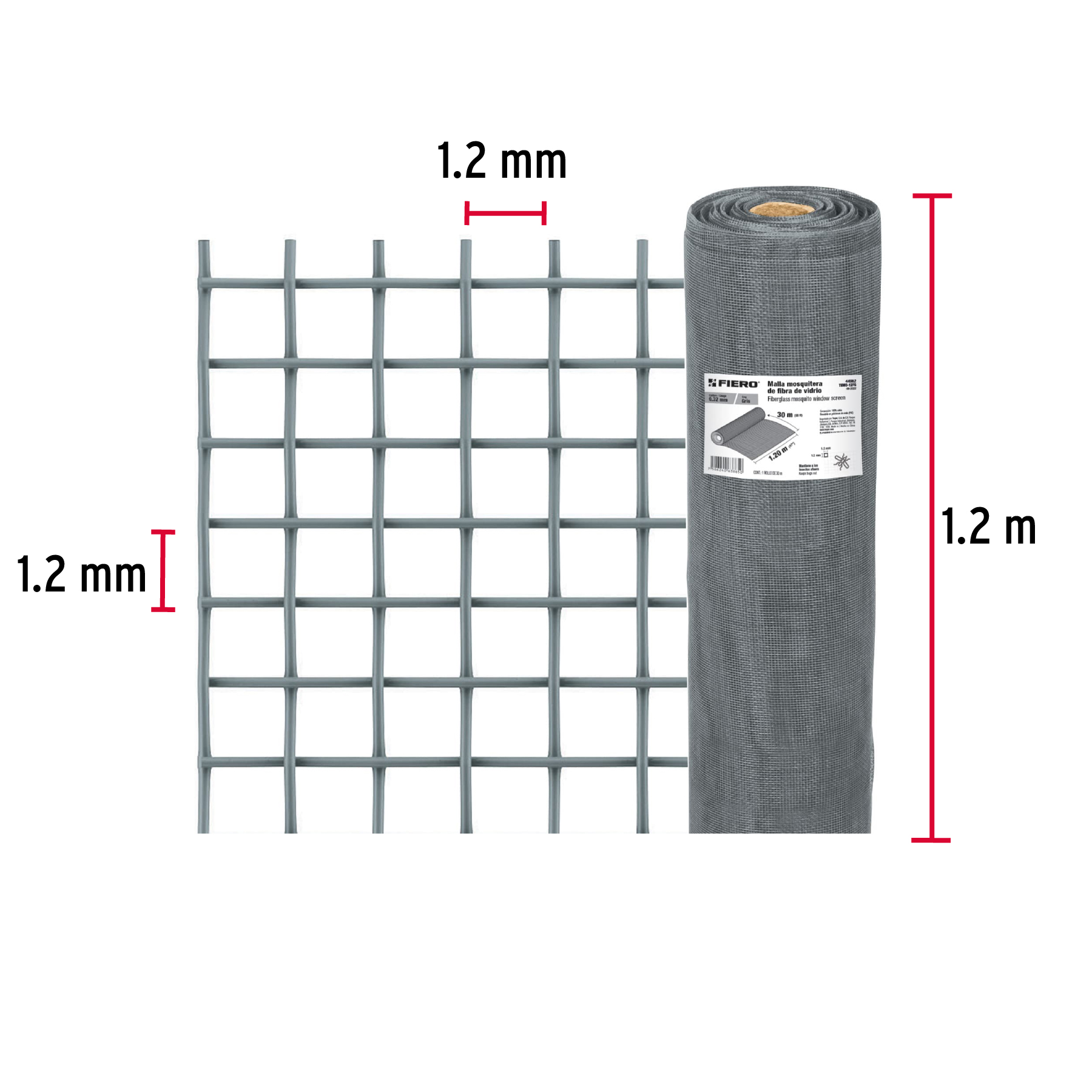 Malla mosquitera, fibra de vidrio, gris, 1.20 x 30 m