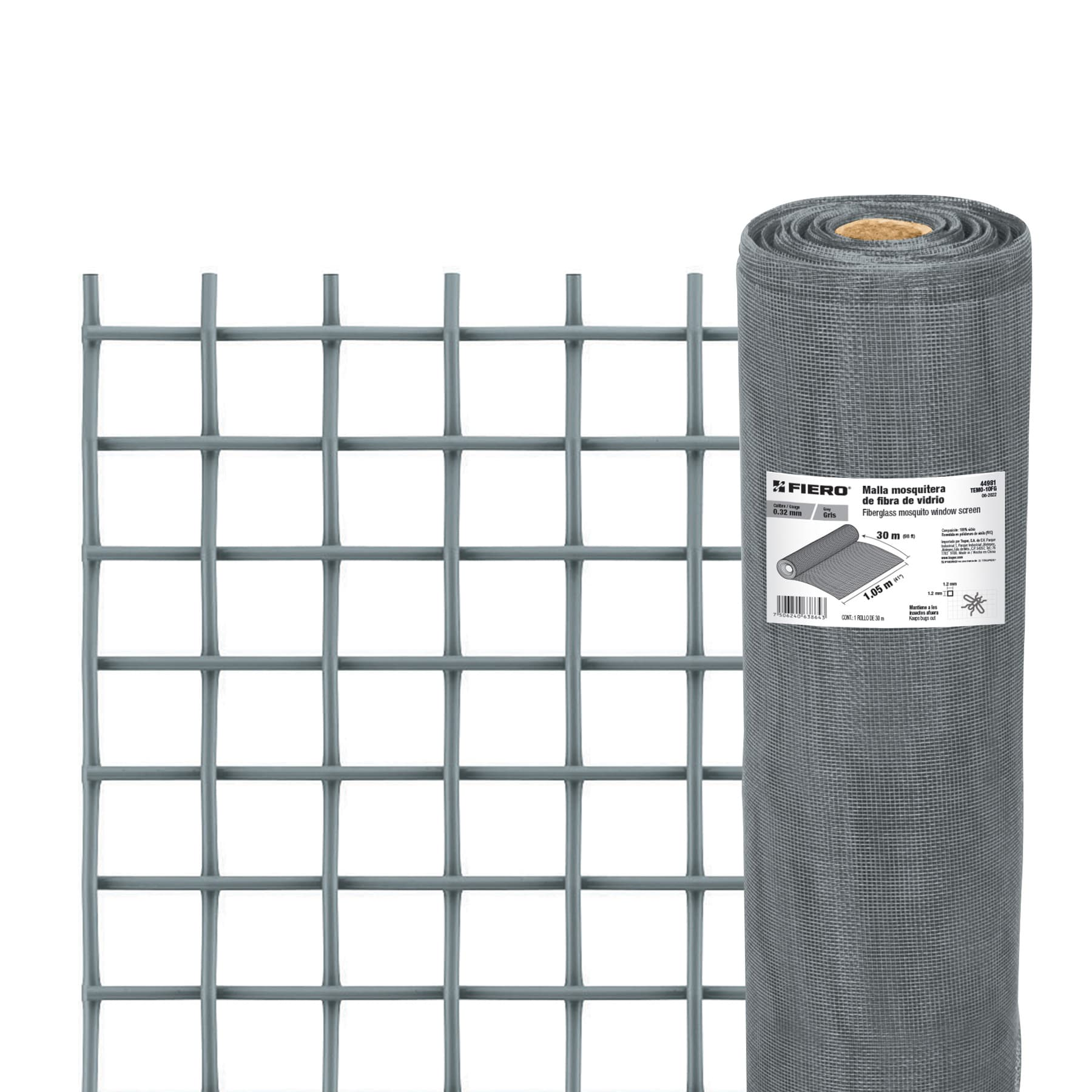 Malla mosquitera, fibra de vidrio, gris, 1.05 x 30 m