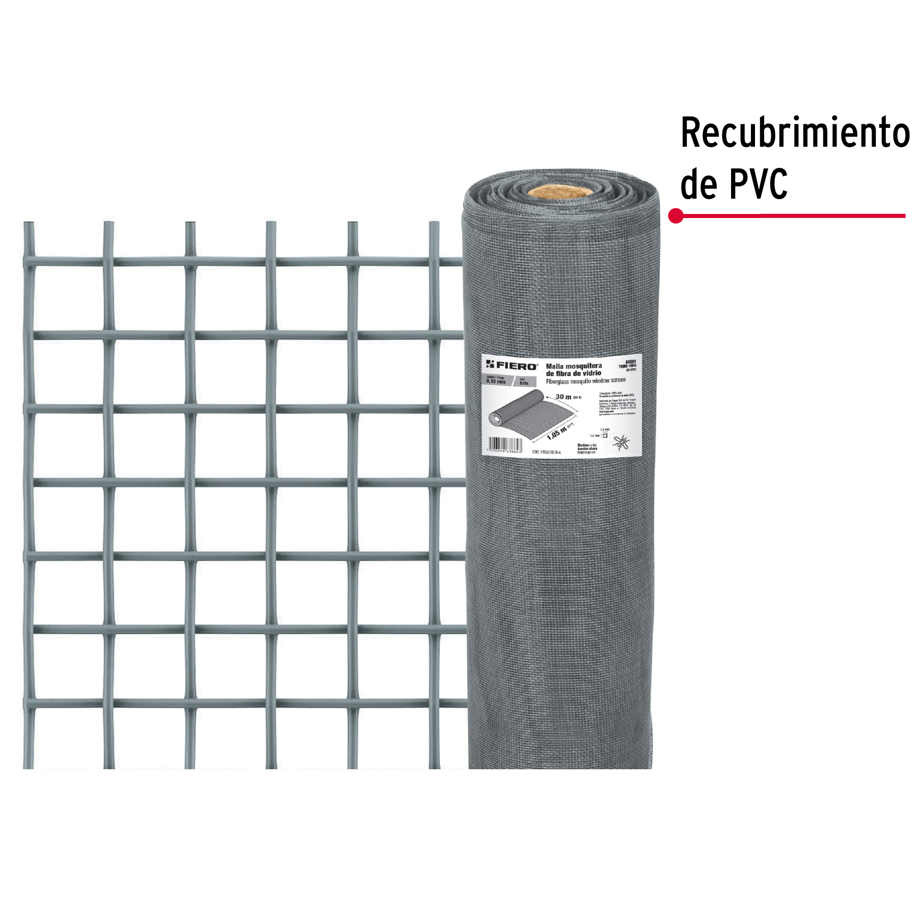 Malla mosquitera, fibra de vidrio, gris, 1.05 x 30 m