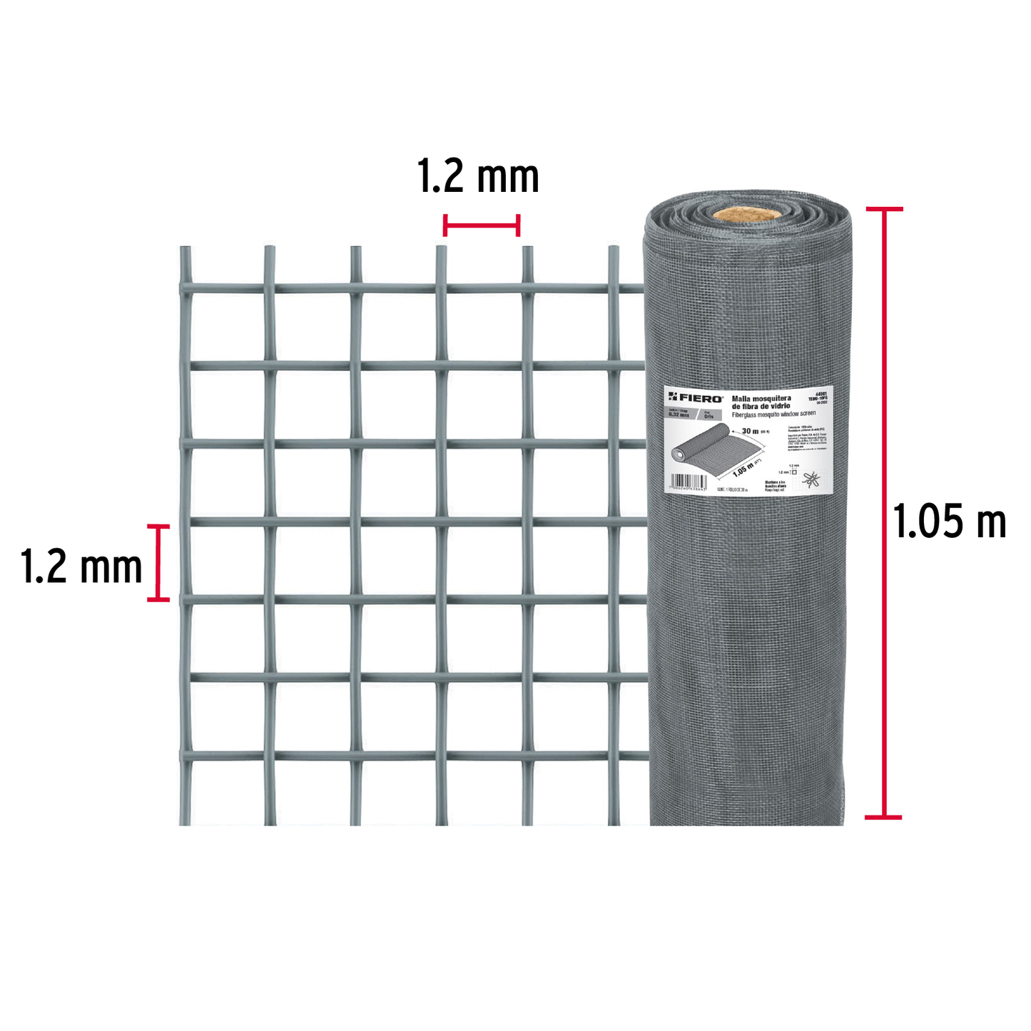 Malla mosquitera, fibra de vidrio, gris, 1.05 x 30 m