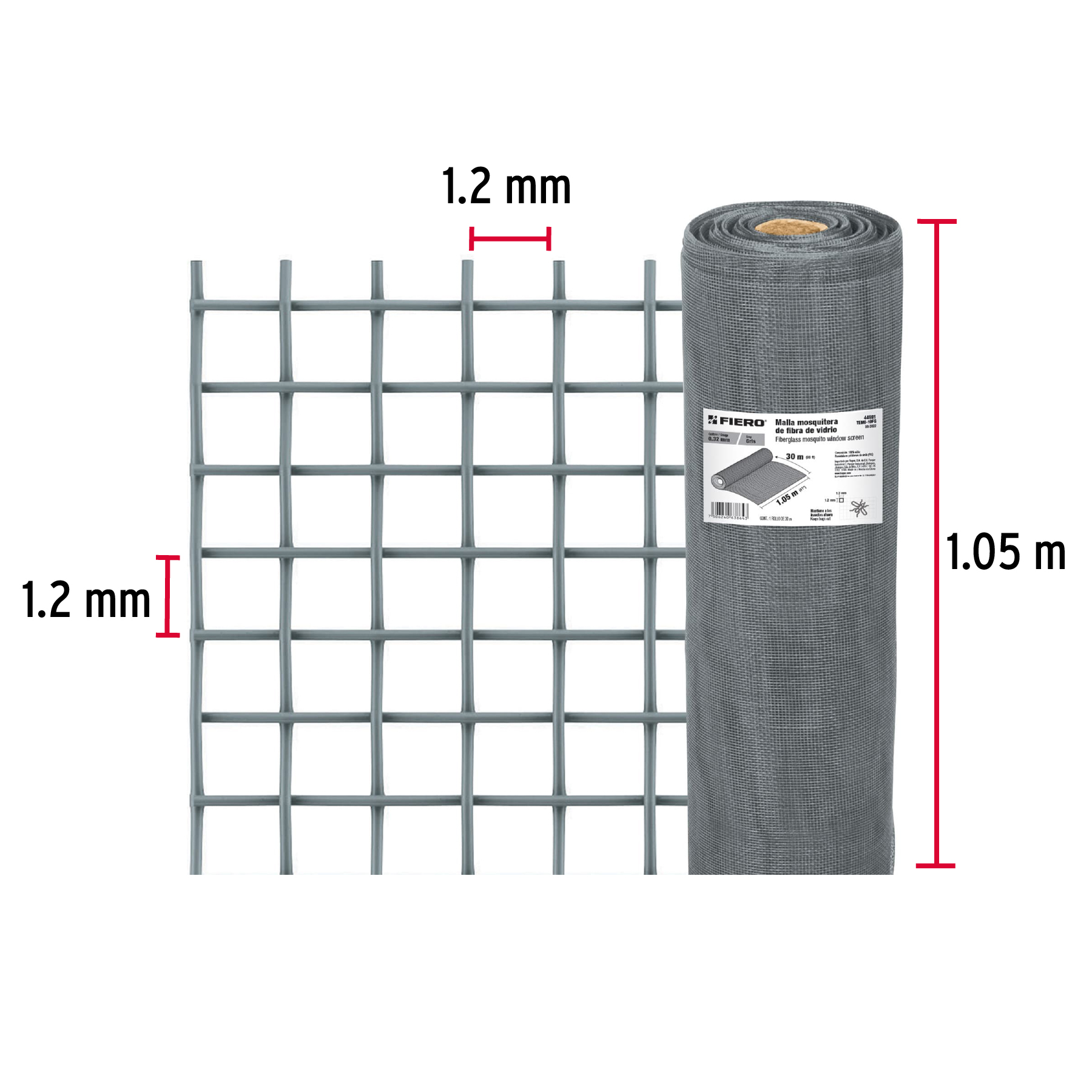 Malla mosquitera, fibra de vidrio, gris, 1.05 x 30 m