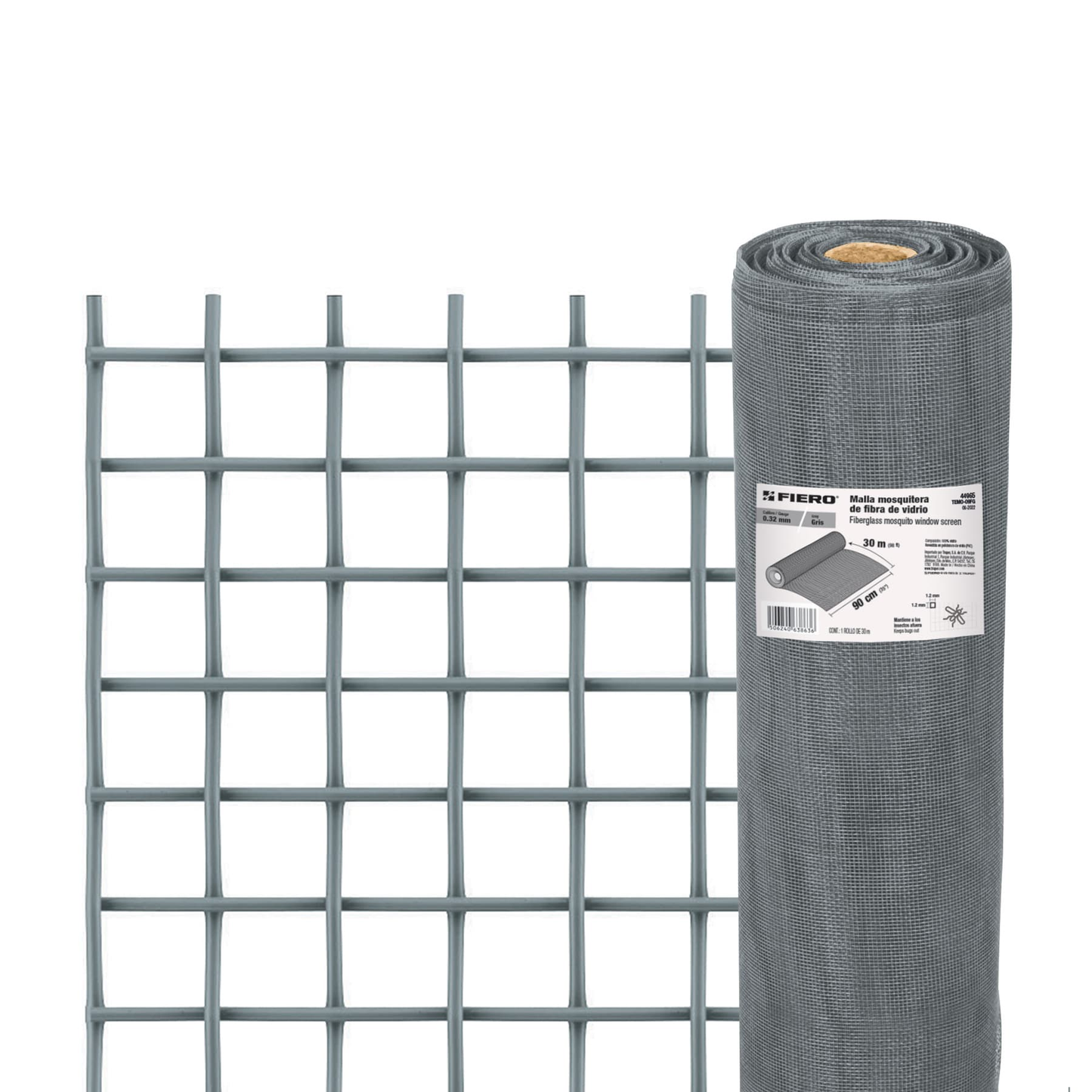 Malla mosquitera, fibra de vidrio, gris, 0.90 x 30 m
