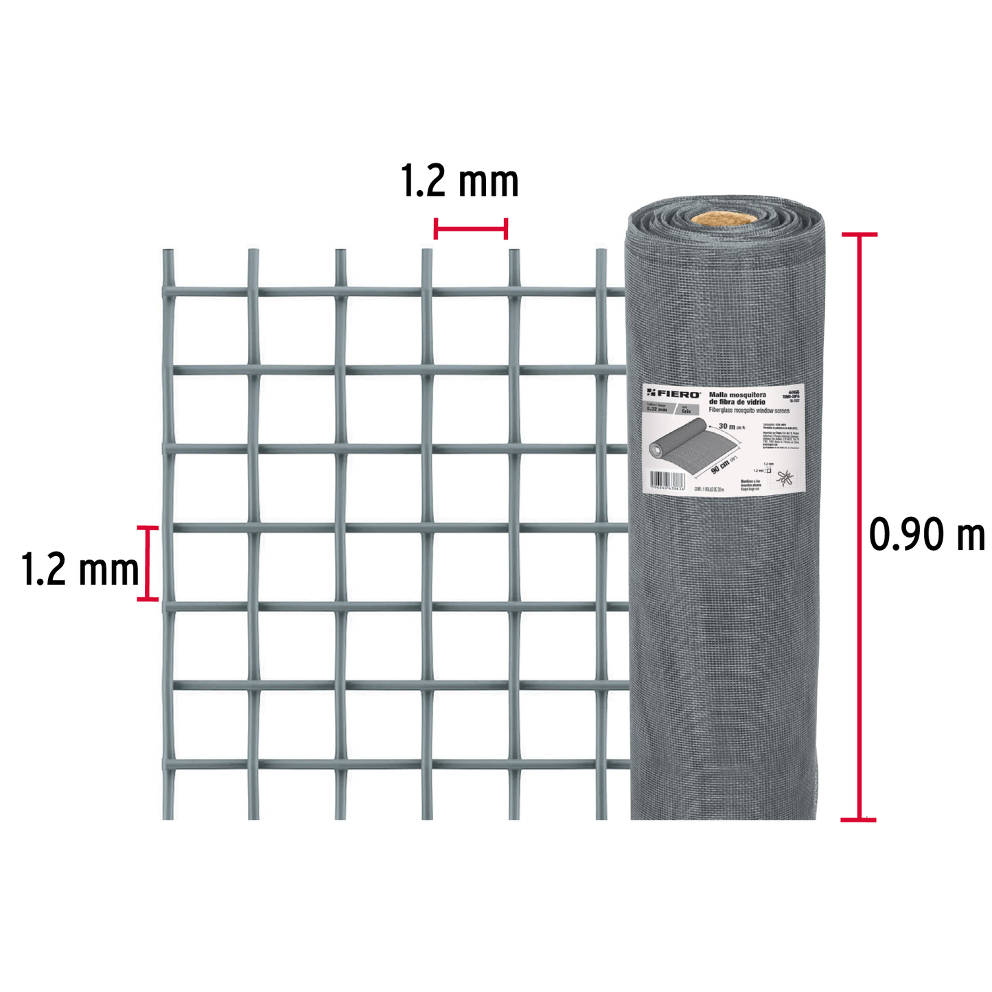 Malla mosquitera, fibra de vidrio, gris, 0.90 x 30 m