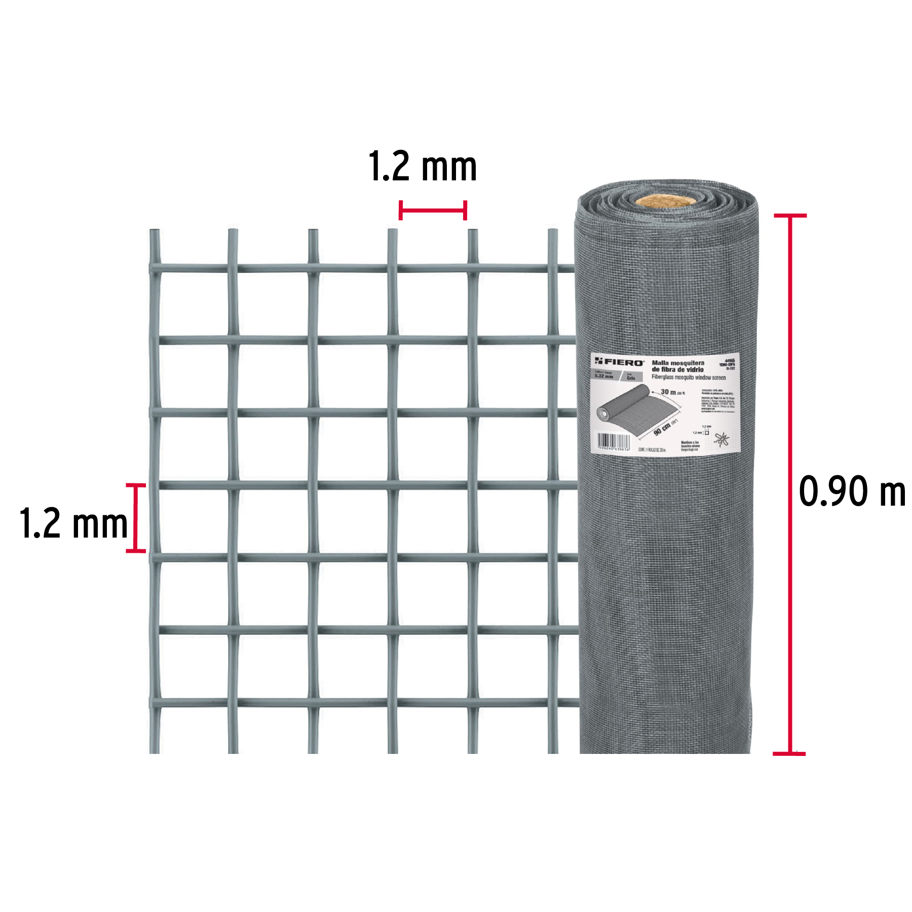 Malla mosquitera, fibra de vidrio, gris, 0.90 x 30 m