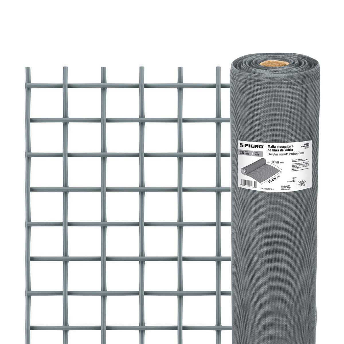 Malla mosquitera, fibra de vidrio, gris, 0.75 x 30 m