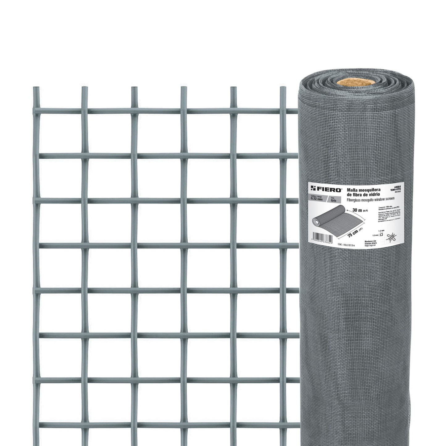 Malla mosquitera, fibra de vidrio, gris, 0.75 x 30 m