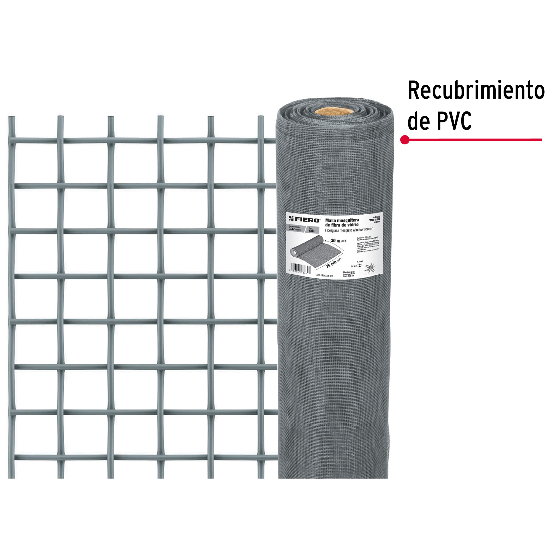 Malla mosquitera, fibra de vidrio, gris, 0.75 x 30 m