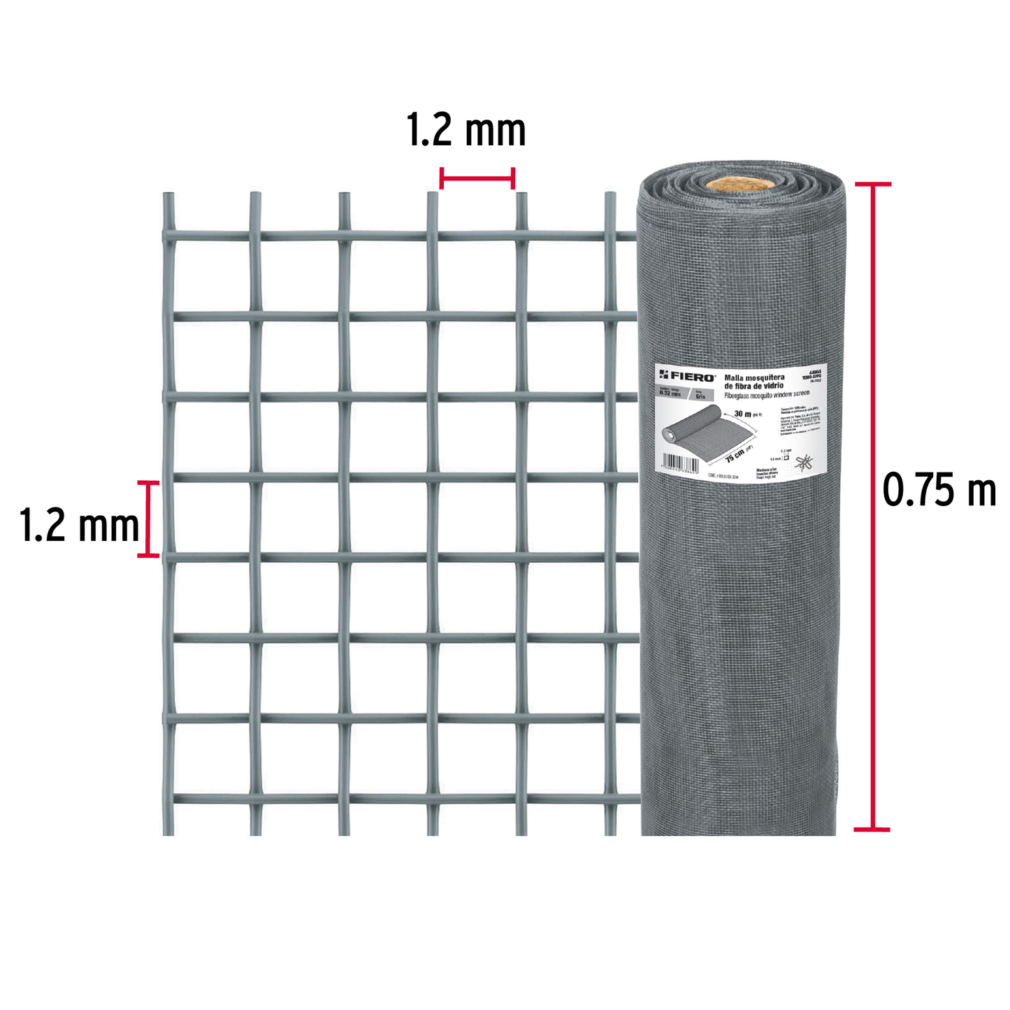 Malla mosquitera, fibra de vidrio, gris, 0.75 x 30 m