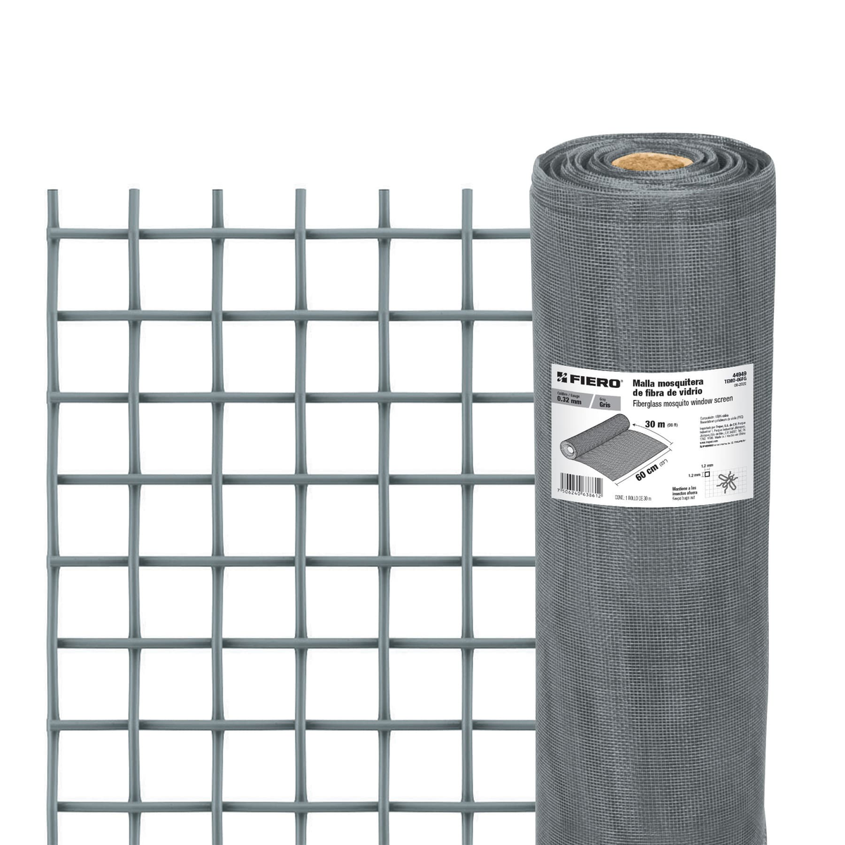Malla mosquitera, fibra de vidrio, gris, 0.60 x 30 m