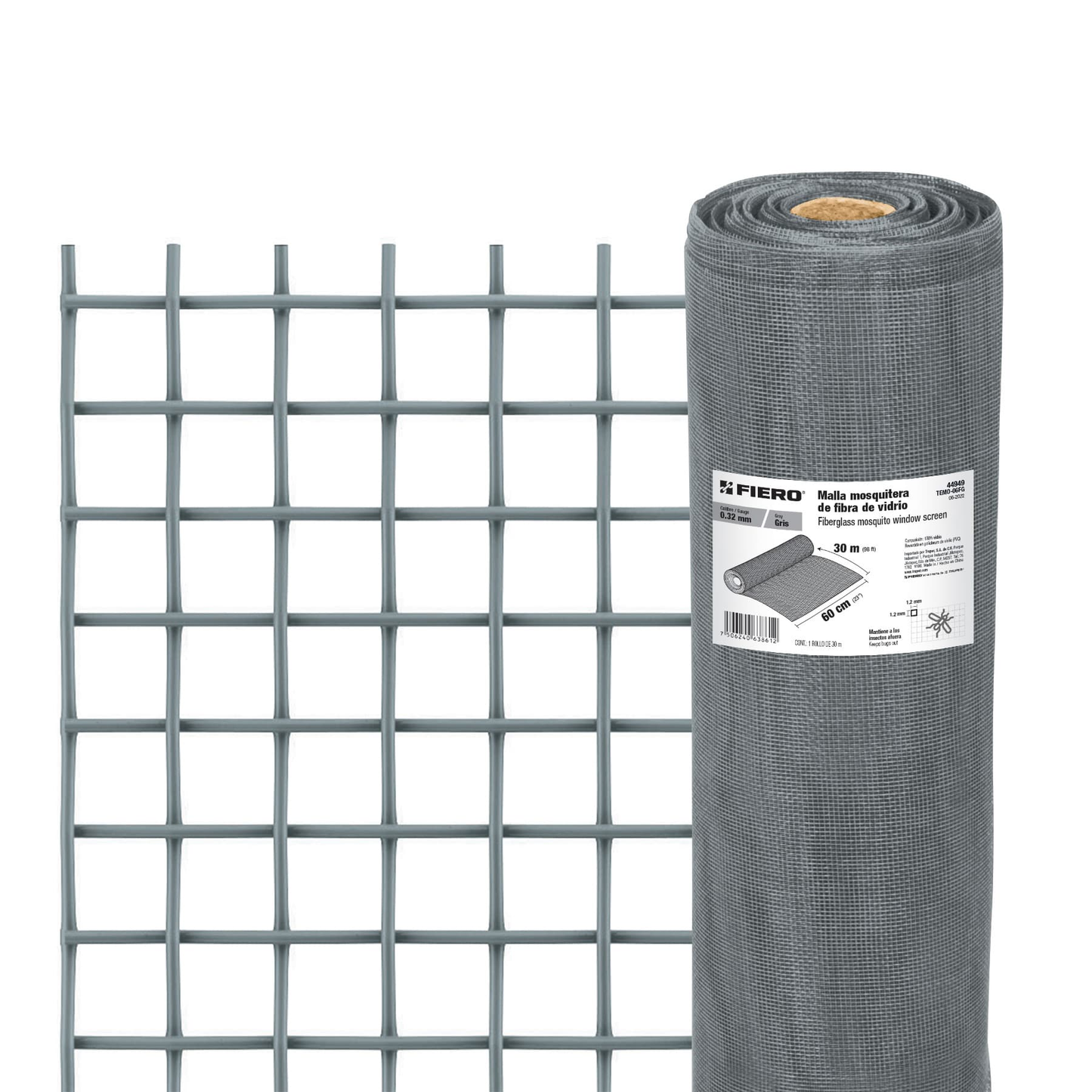 Malla mosquitera, fibra de vidrio, gris, 0.60 x 30 m