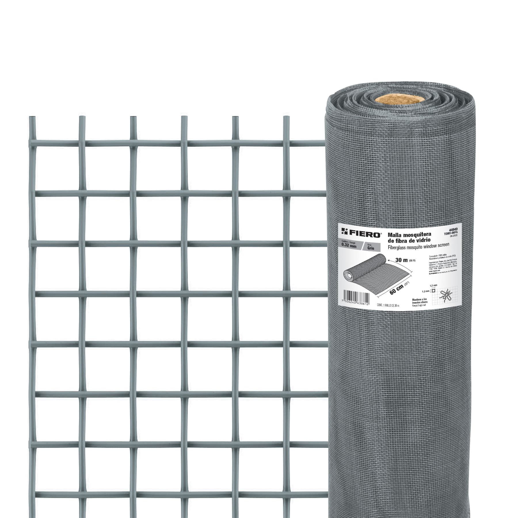 Malla mosquitera, fibra de vidrio, gris, 0.60 x 30 m