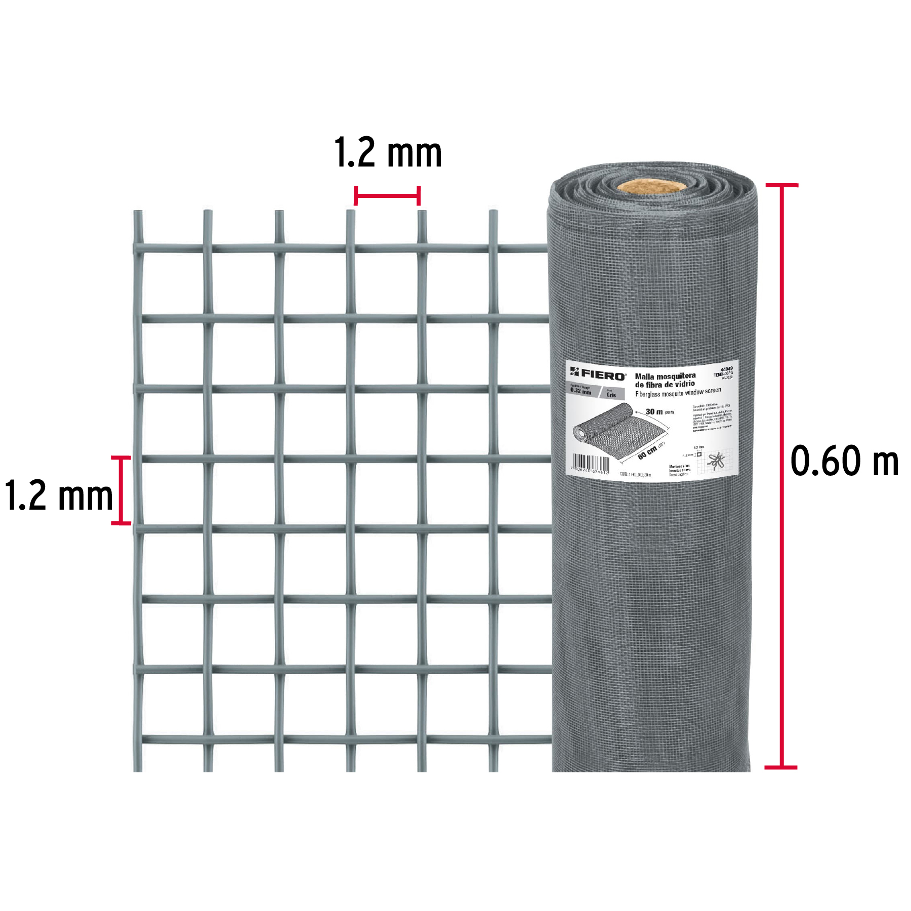 Malla mosquitera, fibra de vidrio, gris, 0.60 x 30 m