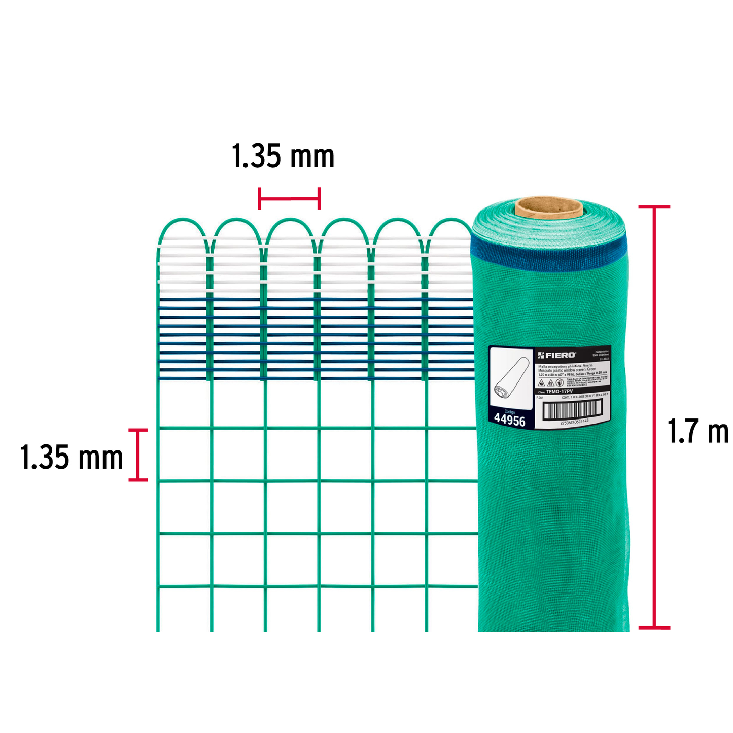 Malla mosquitera plástica, 1.70 x 30 m, verde